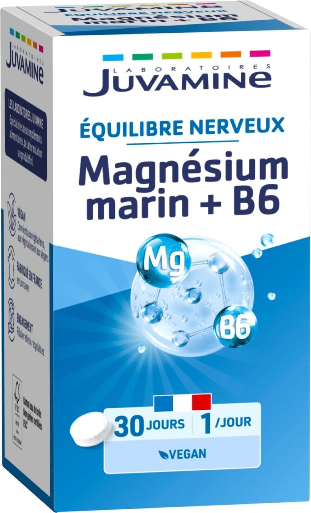 JUVAMINE Magnésium Marin 300mg + Vitamine B6 - Comprimés pour Réduire le Stress et la Fatigue - 30 Comprimés (1 Mois d'A