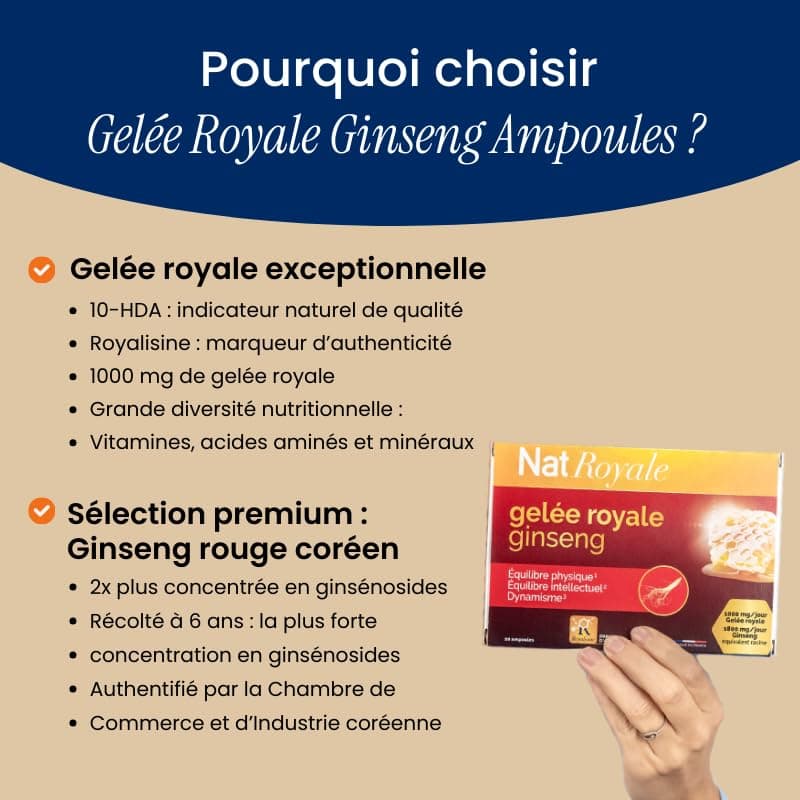 Complément alimentaire pour adultes revitalisant - Gelée royale 1000mg + Ginseng rouge de Corée 1800mg - 20 ampoules pou