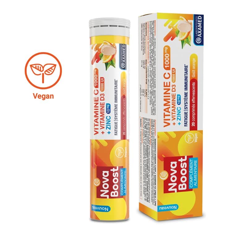 NovaBoost - Vitamine C/Zinc/D3 Effervescente - Complément Alimentaire Saveur Orange 20 Comprimés