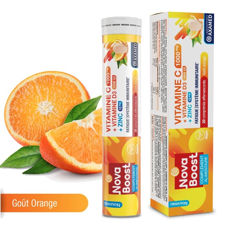 NovaBoost - Vitamine C/Zinc/D3 Effervescente - Complément Alimentaire Saveur Orange 20 Comprimés