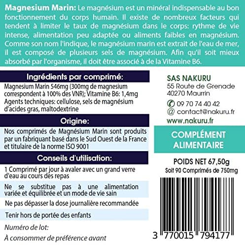 NAKURU Magnésium Marin & Vitamine B6 Gamme Relax Fabriqué en France (90 Comprimés 750mg)