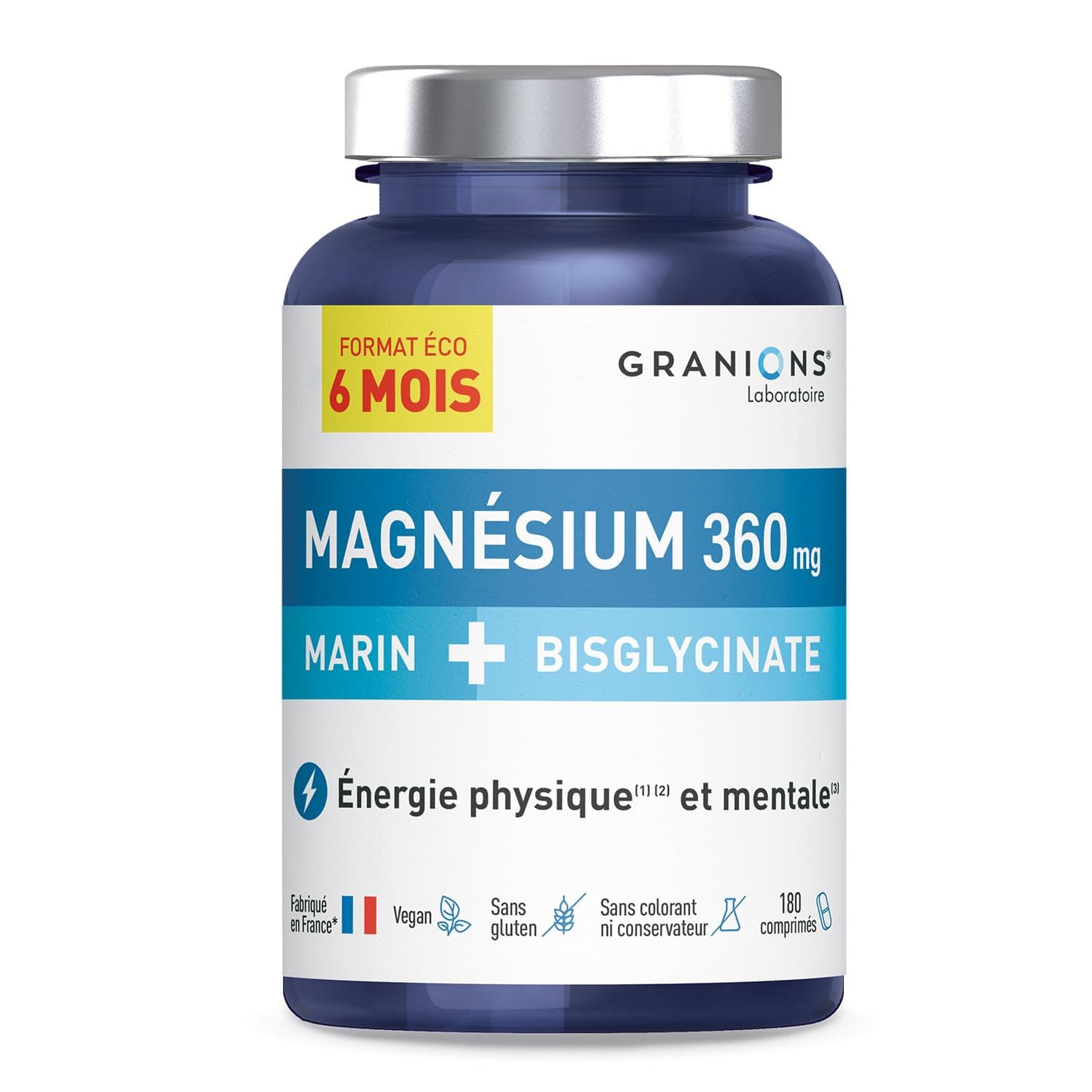 GRANIONS Magnésium Marin + Magnésium Bisglycinate | Bien-être anti-stress | 180 Comprimés | Format 6 mois