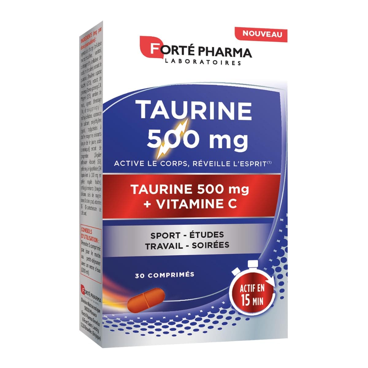 Forté Pharma Taurine 500mg – Boost d’énergie en 15 min, Complément alimentaire renforcé en vitamine C, 30 comprimés 1/jo