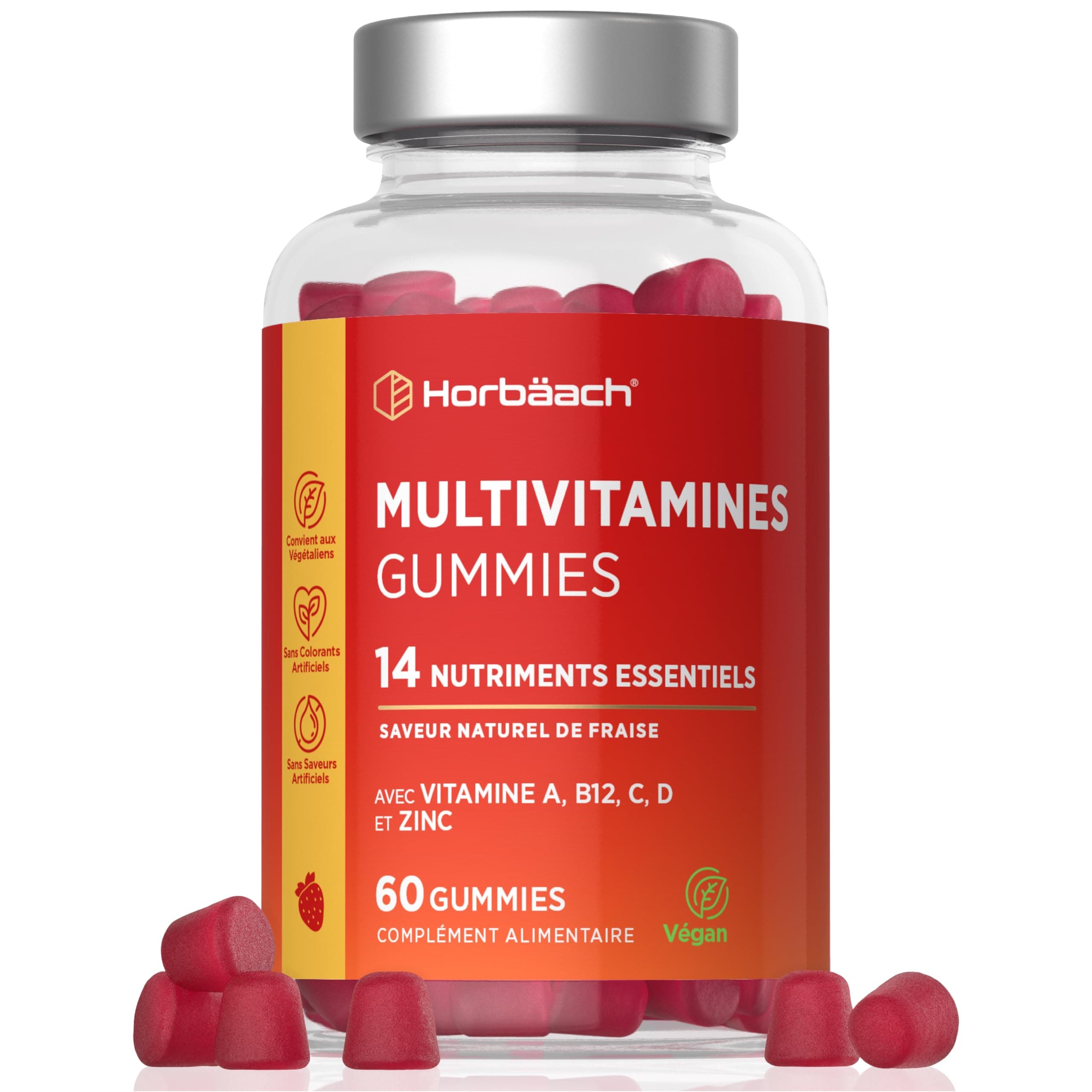 Horbaach Multivitamines Gummies Adulte 14 Vitamines Essentielles et Zinc - 60 Gummies Vegan - Multivitamines pour Adulte