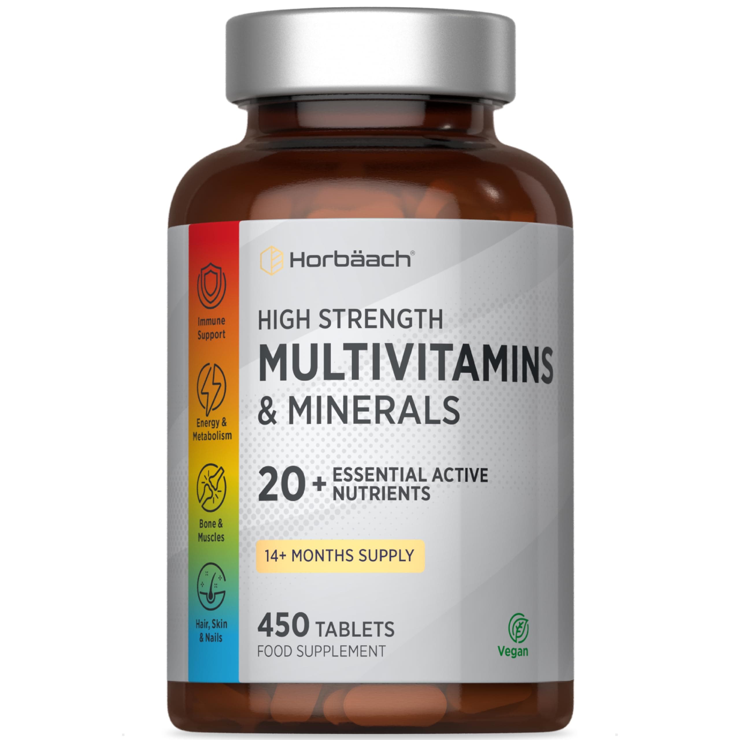 Multivitamines et Minéraux Horbaach pour Homme et Femme | 450 Comprimés | 20 Ingrédients Essentiels | Soutien Immunitair