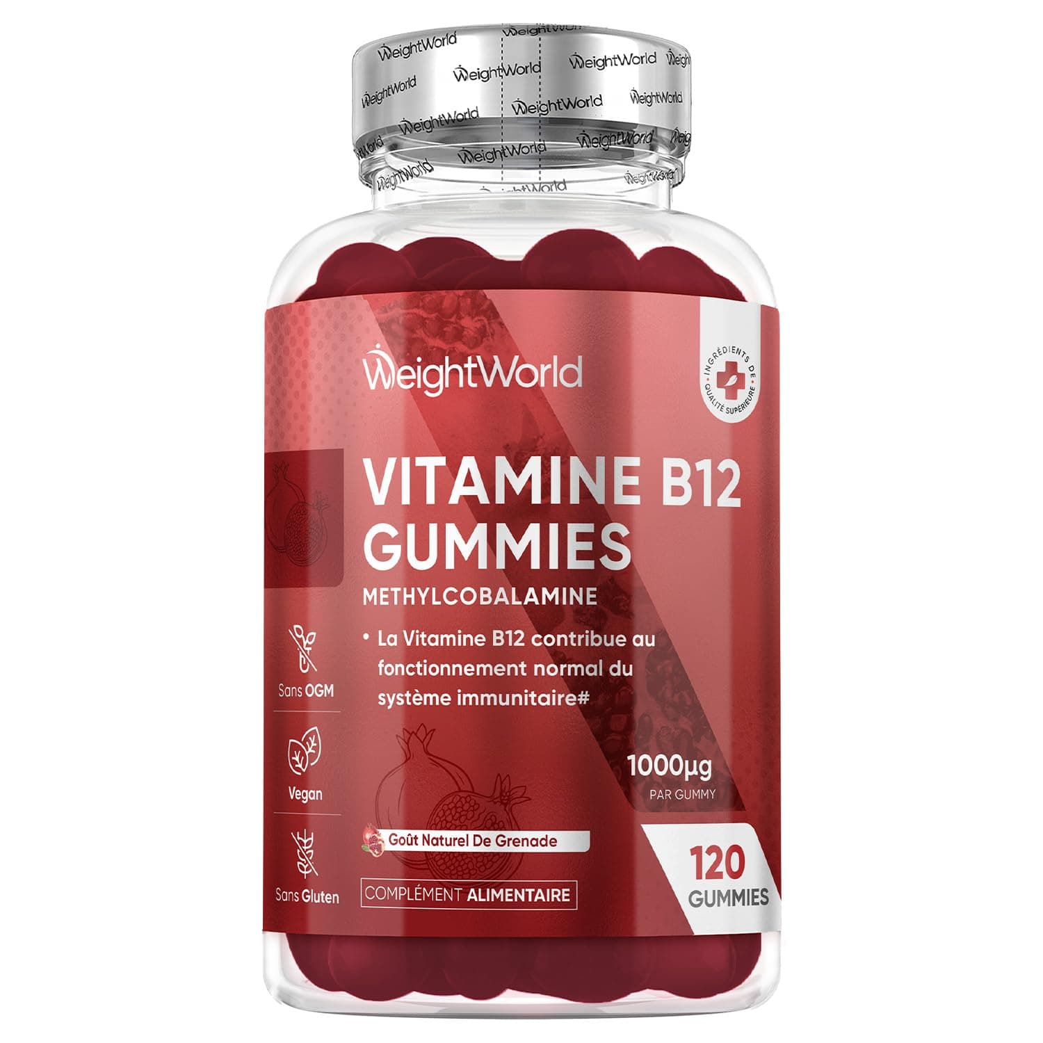 Vitamine B12 Méthylcobalamine 1000mcg 120 Gummies pour Adultes - 4 Mois d'Approvisionnement Goût de Grenade - Sans OGM e