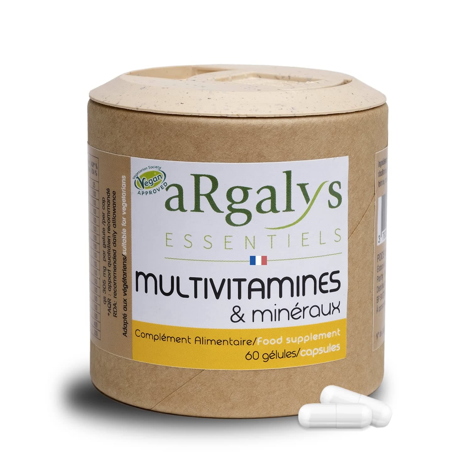 Multivitamines et minéraux Argalys Essentiels - 20 Nutriments - Homme/Femme - Vegan - 60 Gélules Fabriquées en France -