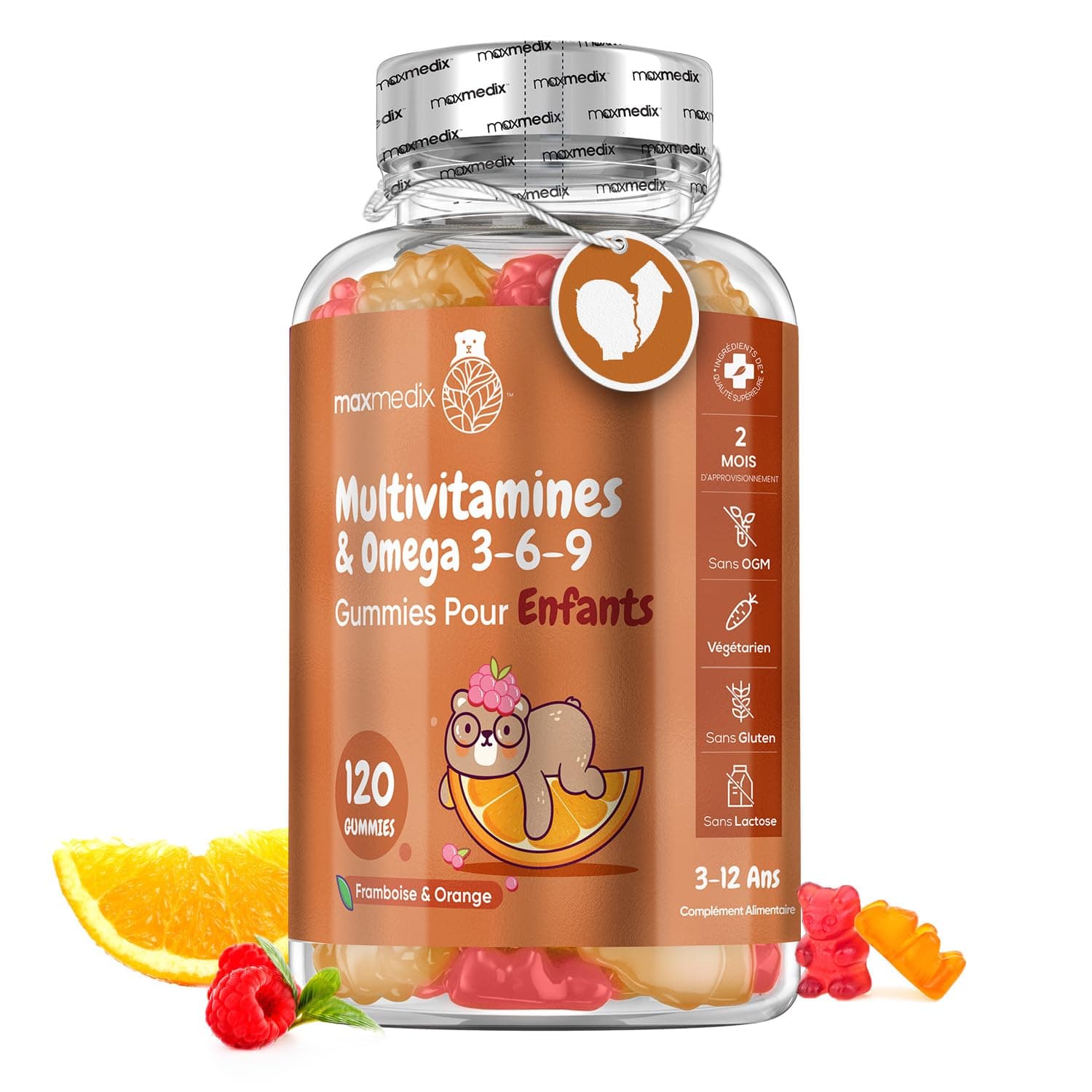 Multivitamines et Minéraux Oméga 3 6 9 Enfant 120 Gummies, Goût Framboise et Orange, Immunité et Croissance