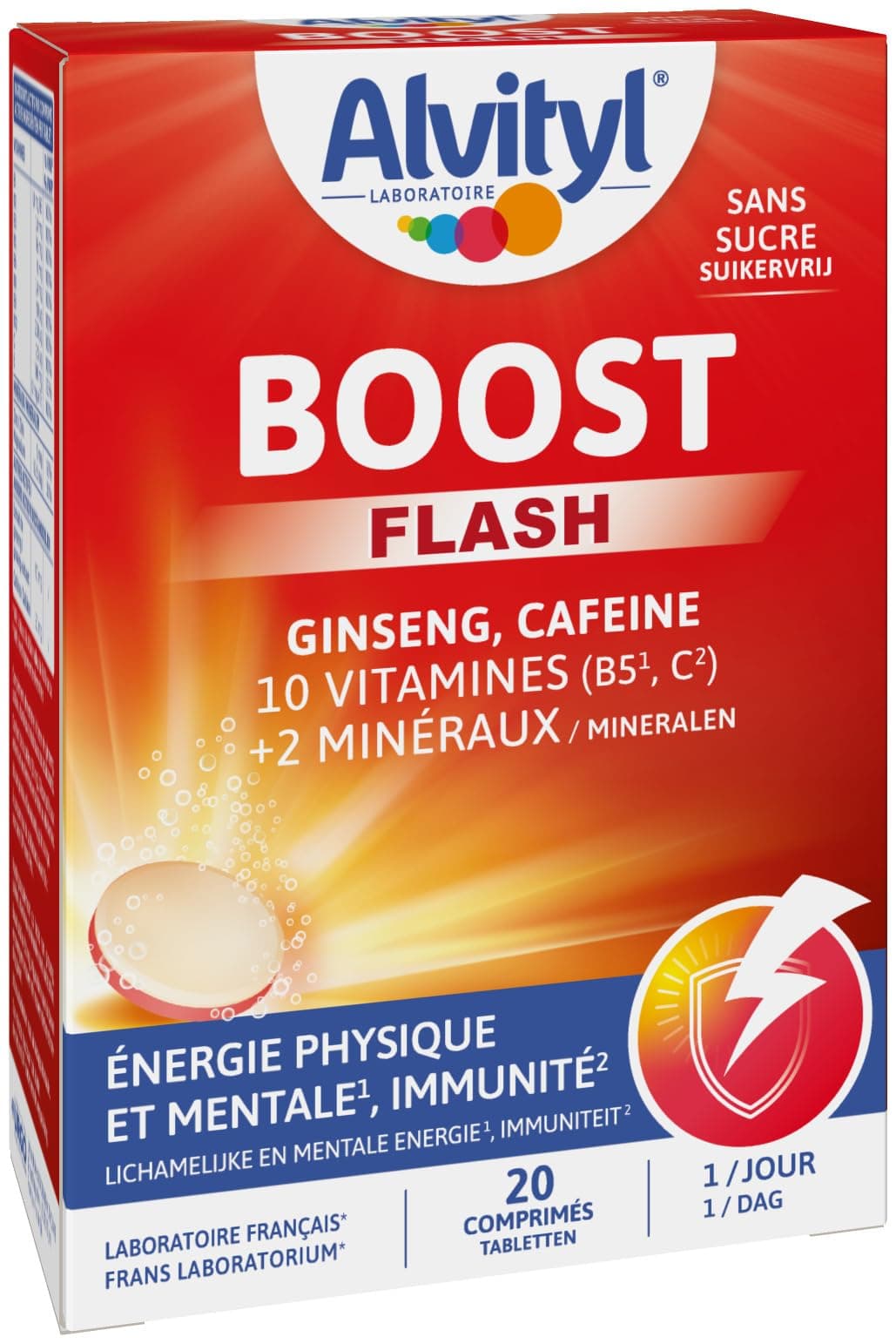 Alvityl Comprimés Boost Effervescents Ginseng et Caféine - 10 Vitamines - 2 Minéraux - 15 Ans + - 20 Jours - Rouge - 20