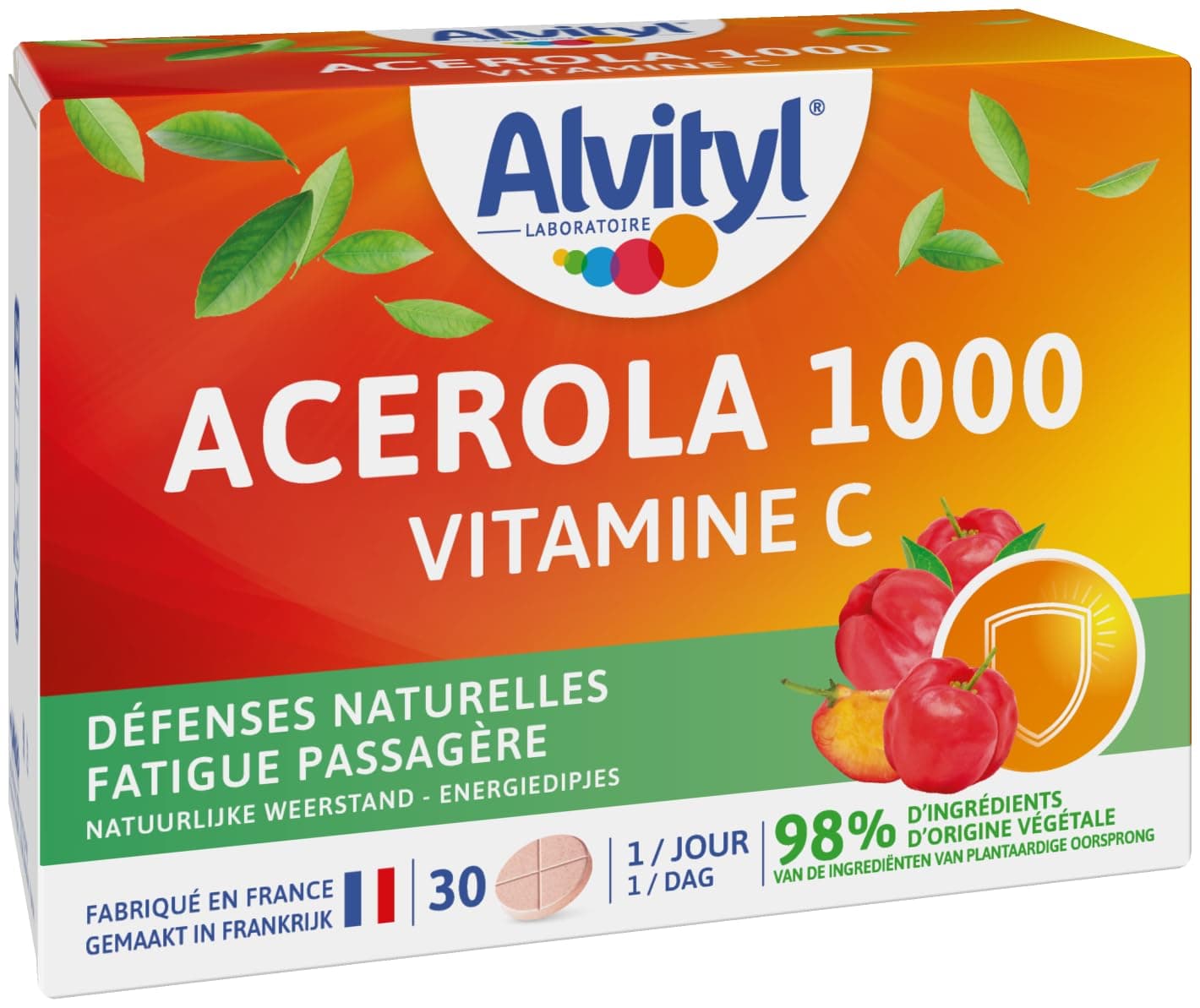 Alvityl - Comprimés Acerola 1000mg Vitamine C - 30 comprimés 1/jour - Supplément Antioxydant Naturel - Pour Immunité & É