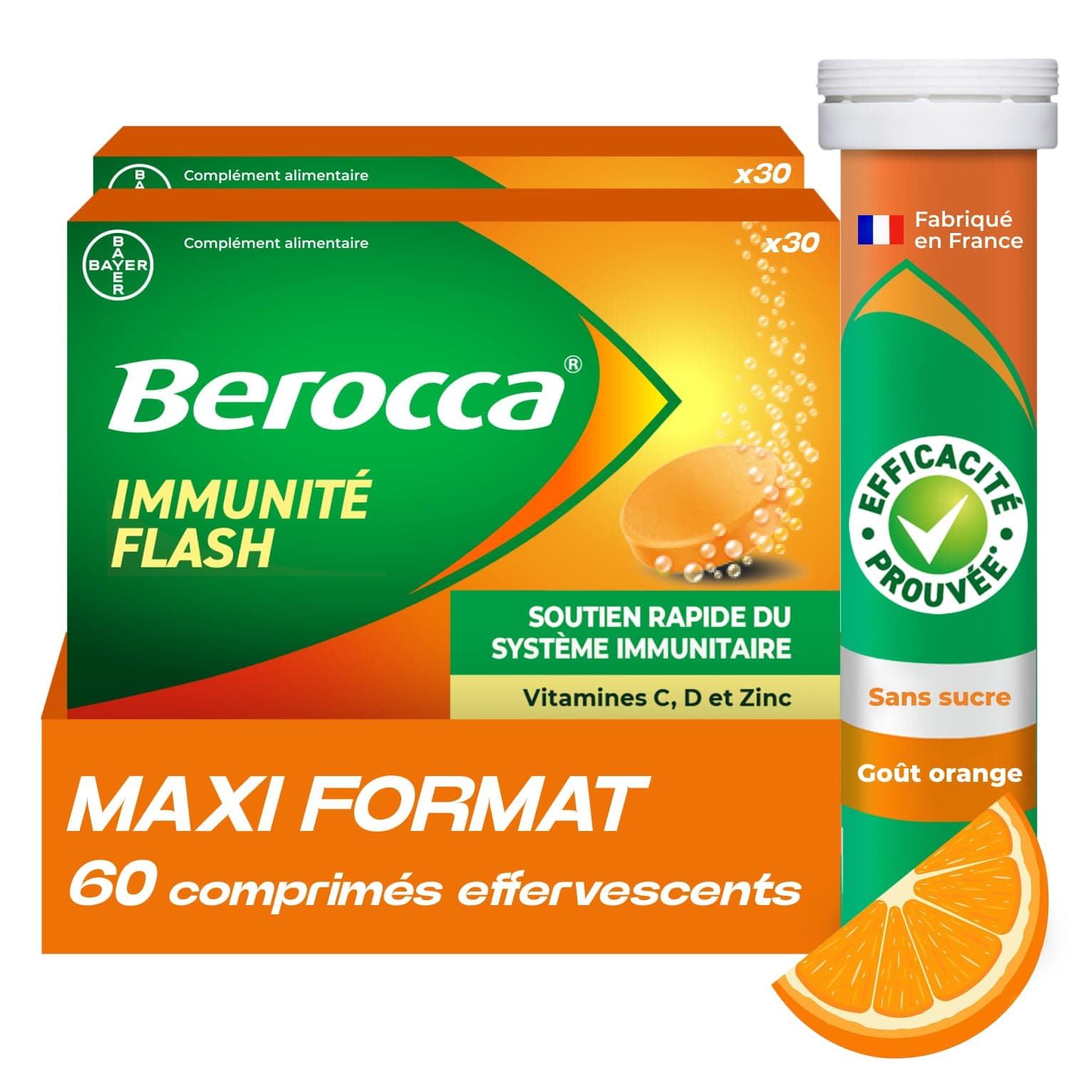 Berocca Immunité Flash - Soutient Système Immunitaire - Zinc, Vitamine D & C - Goût Orange - 60 Comprimés Effervescents