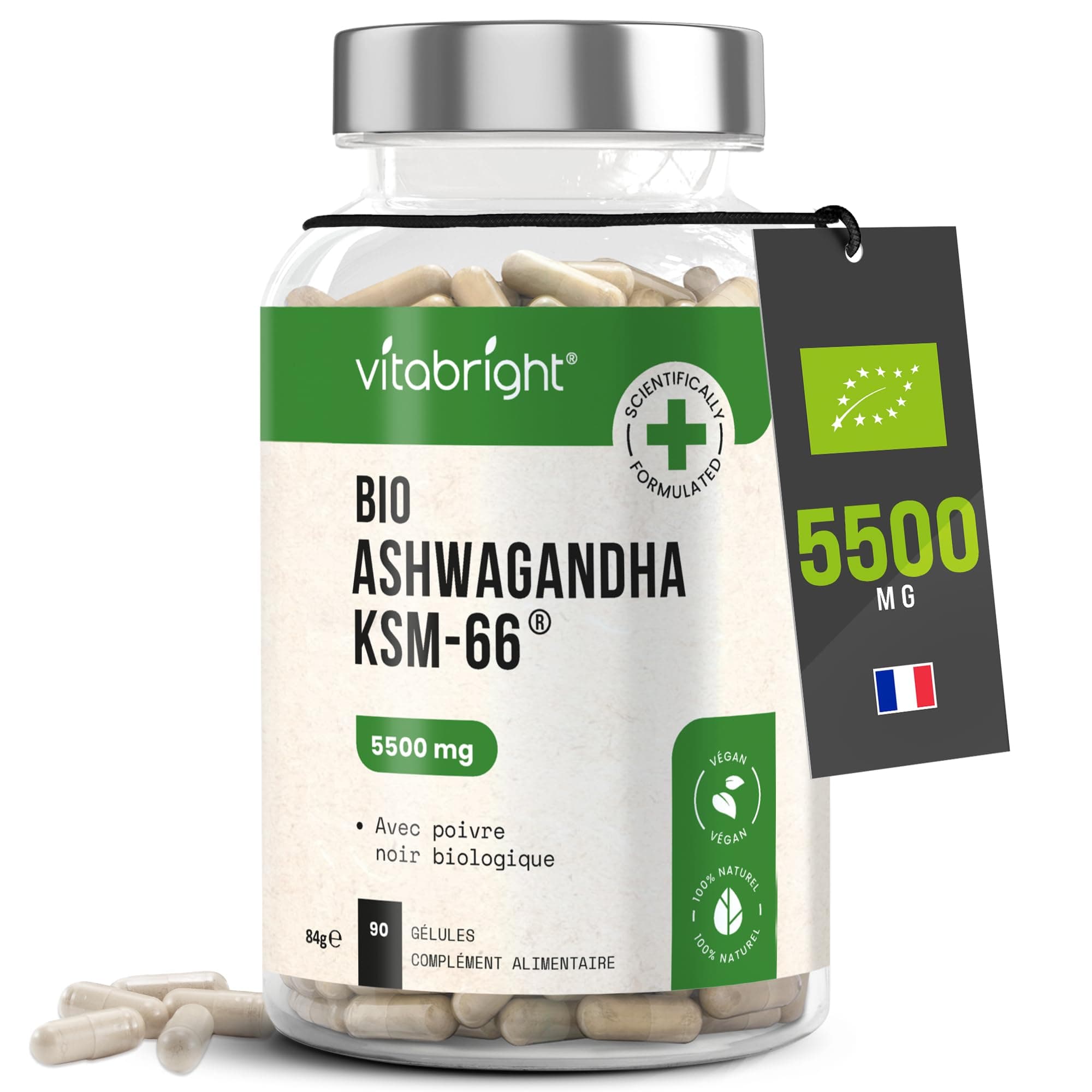 VitaBright Ashwagandha KSM-66 5% Withanolides 5500mg - 90 Jours Bio Vegan Anti-Stress pour Adultes, Conseils Antibes  
A
