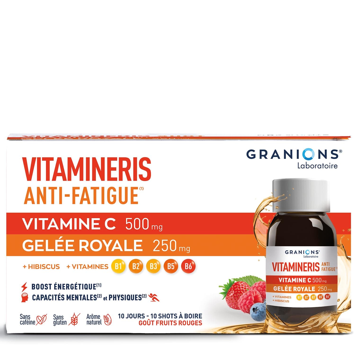GRANIONS | Vitamineris Shot Anti Fatigue - Vitamine C + Gelee Royale + Hibiscus - 10 Shots - Goût Fruits Rouges - Forme