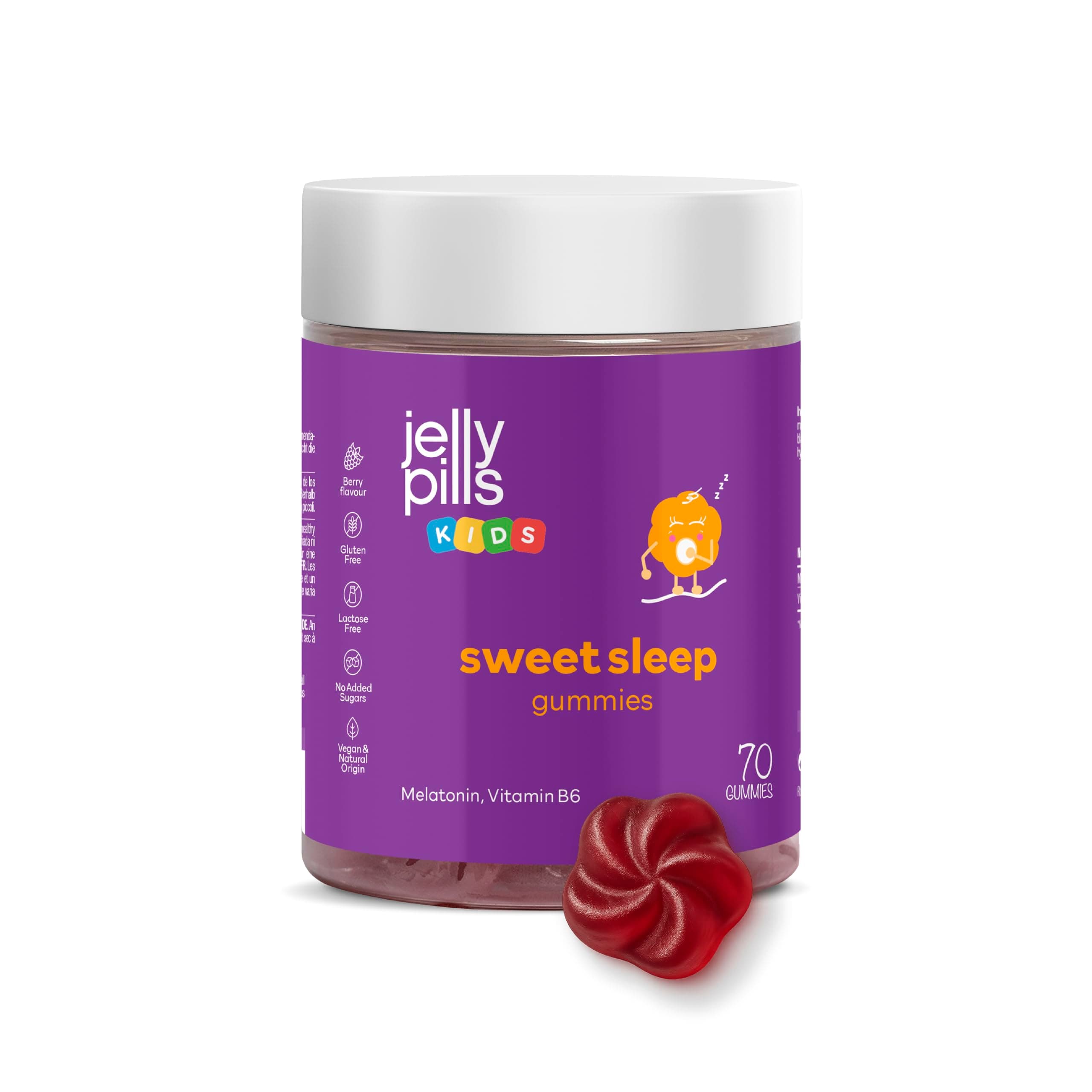 Mélatonine pour Enfants & Vitamine B6 - Jelly Pills Véganes 70 Gummies - Sans Sucres Ajoutés - Goût Fruits Rougesésean
