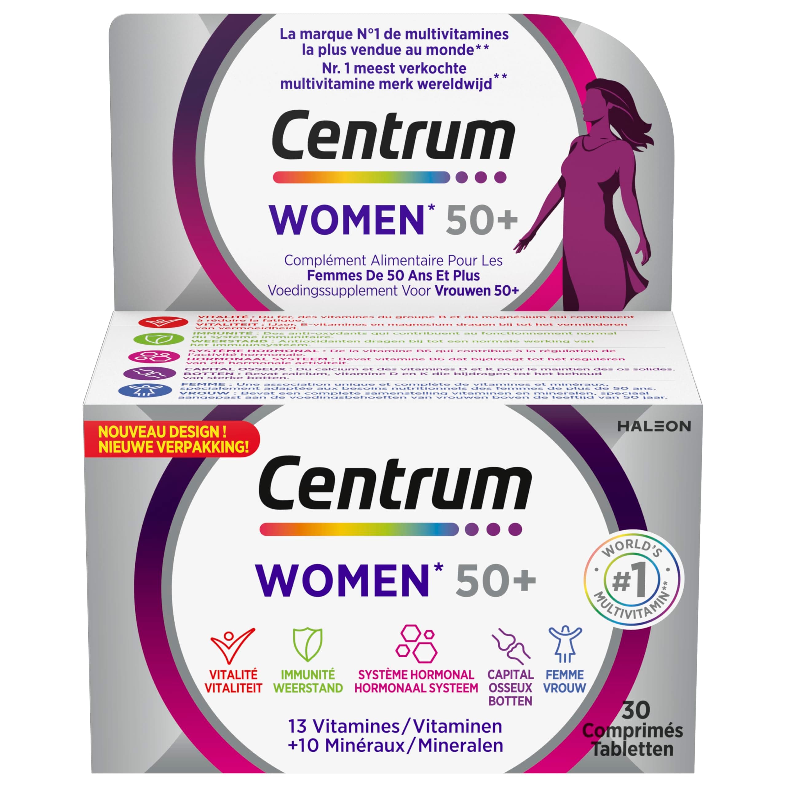 CENTRUM Multivitamines Femme 50+ - Vitalité, Immunité et Capital Osseux - 13 Vitamines et 11 Minéraux - 30 Comprimés