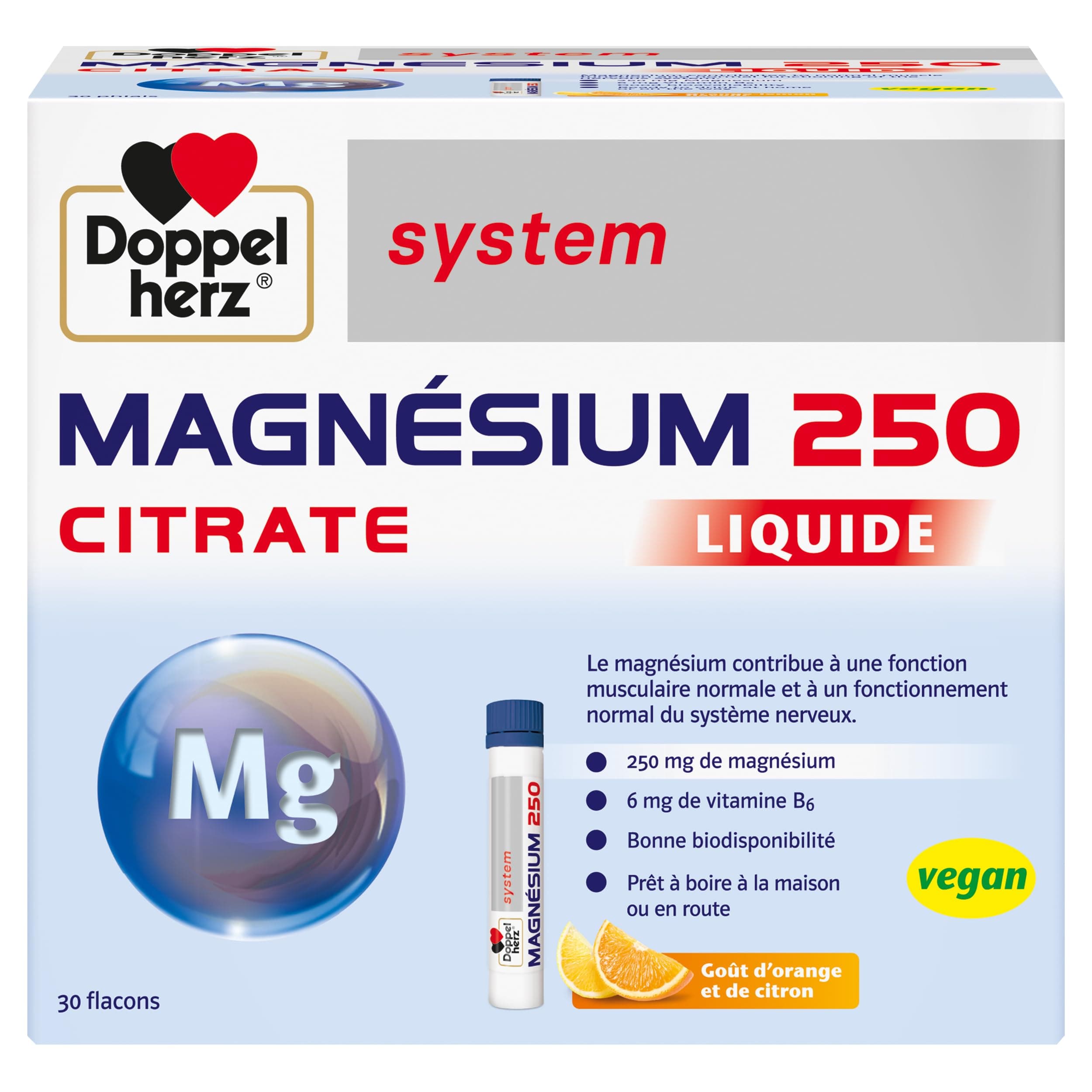 Doppelherz system MAGNÉSIUM 250 CITRATE LIQUIDE - soutient la fonction musculaire et le système nerveux - pour adults -