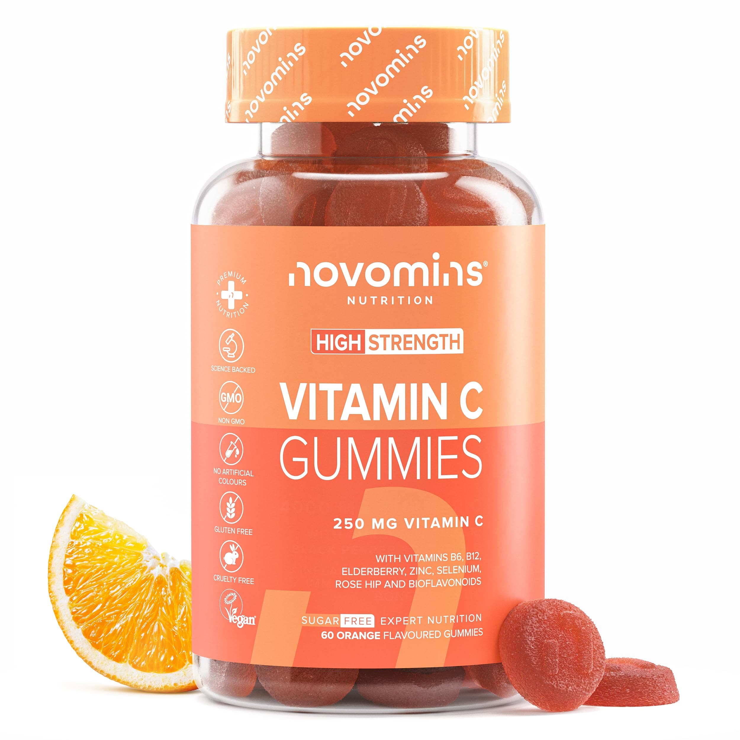 Novomins Gummies Vita C 250mg sans sucre – Immunité renforcée – 60 gélules véganes pour adultes avec bioflavonoïdes, cyn