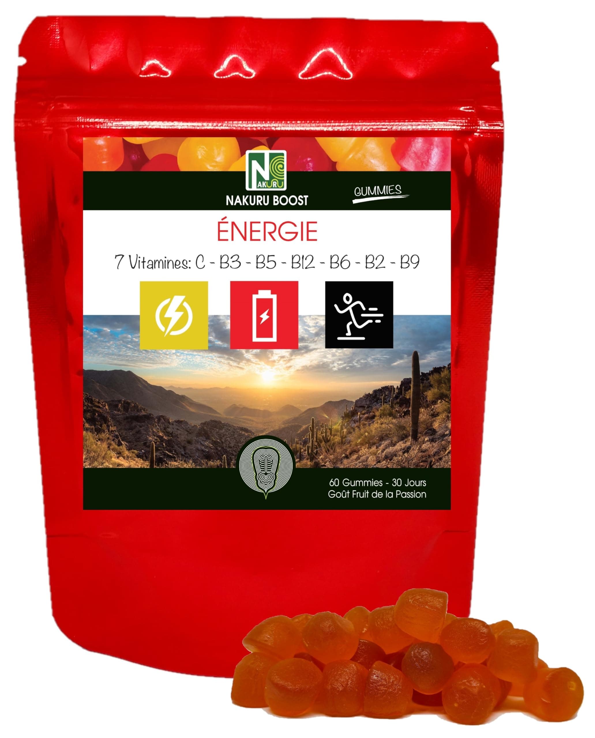 NAKURU Énergie Gummies Gamme Boost Saveur Fruit de la Passion Fabriqué en France 7 Vitamines C-B3-B5-B12-B6-B2-B9 60 Gum