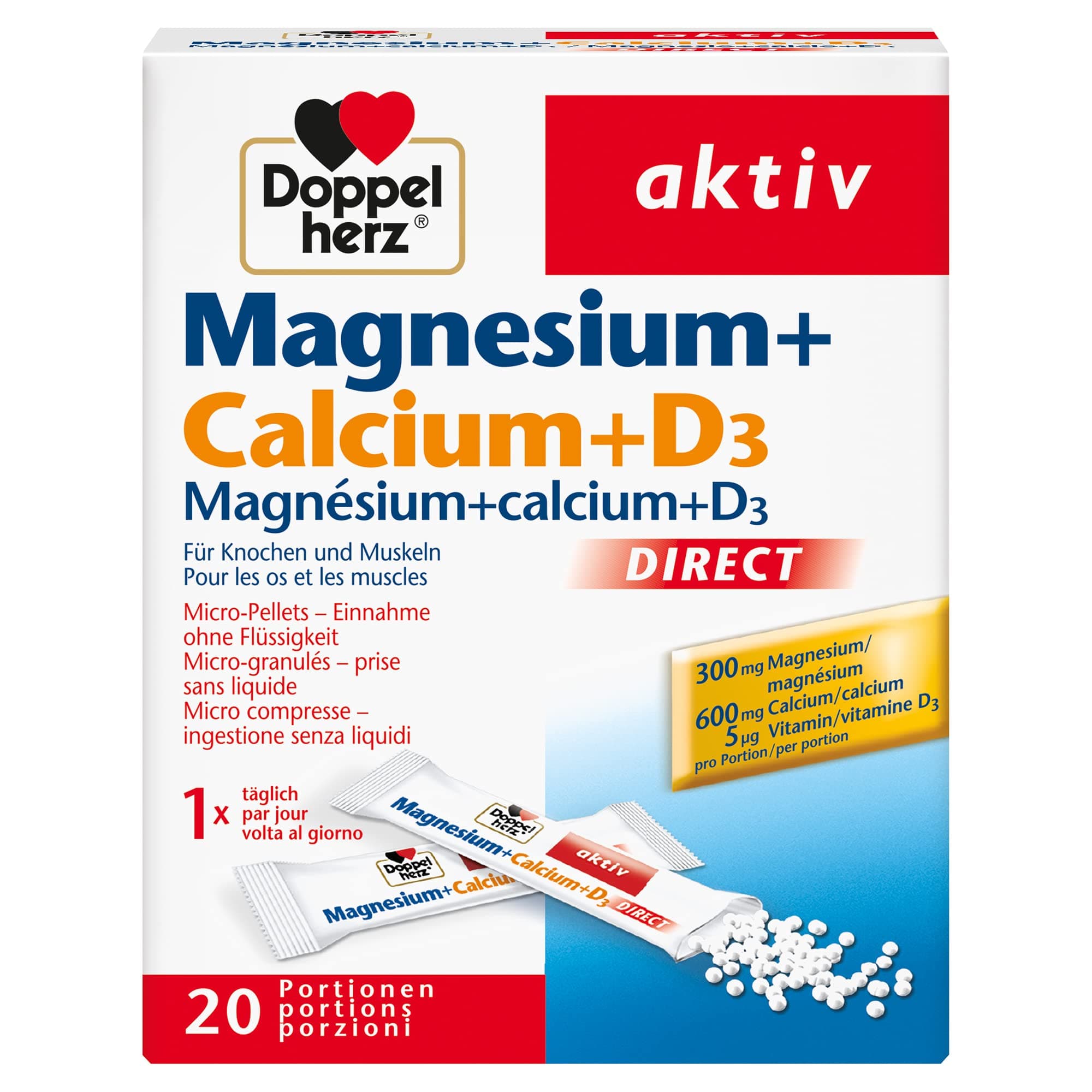 Doppelherz Magnésium + Calcium + D3 Direct pour Adultes - Soutien Musculaire - 20 Sachets