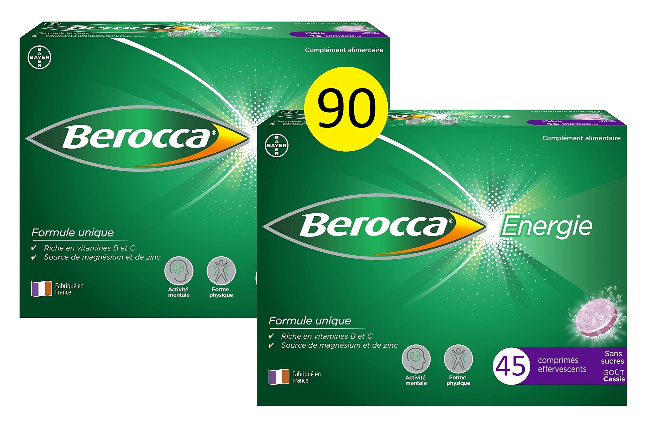 Berocca® Multivitamines - Complément alimentaire effervescent pour réduire la fatigue - 2X45 comprimés - Vitamine C, B1,