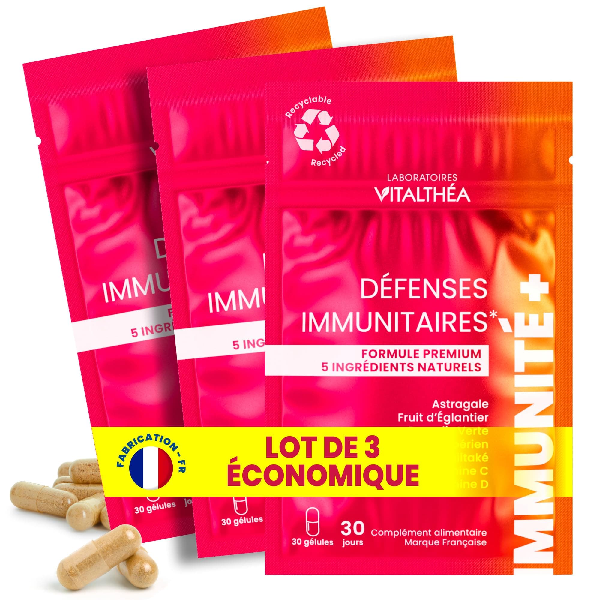 IMMUNITE Défenses Immunitaires & Anti-Fatigue Vitamine C + D3 100% AR | 5 plantes Naturelles Shiitake, Astragale 100 mg,