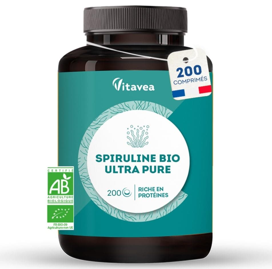Spiruline Vitavea - Pure, Riche en Protéines et Phycocyanine - Immunité & Lutte contre la Fatigue - 200 Comprimés Vegan,