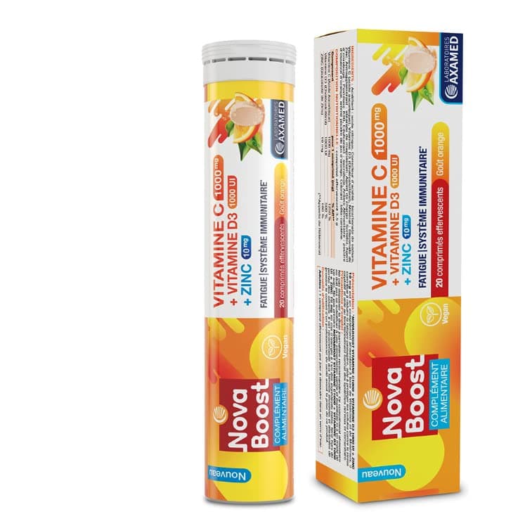 NovaBoost - Vitamine C/Zinc/D3 Effervescente - Complément Alimentaire Saveur Orange 20 Comprimés