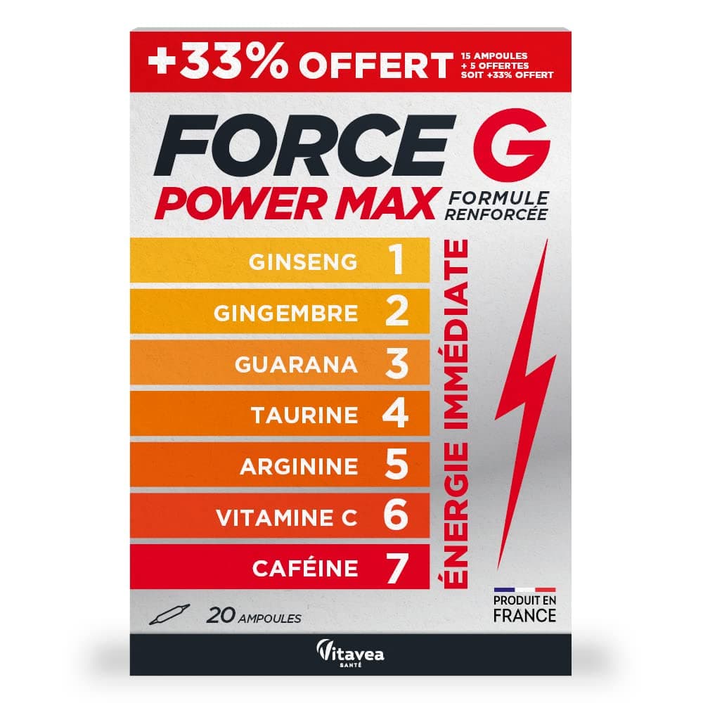 Vitavea - Force G Power Max Renforcer Énergie Immédiate - Ginseng, Gingembre, Guarana, Taurine, Arginine, Vitamine C, Ca