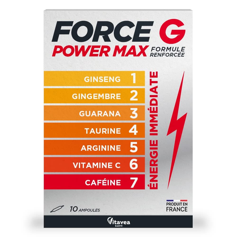 Vitavea Power Max Formule Renforcée 7 Actifs - Boost Energie Immédiate 10 Ampoules (Ginseng, Caféine, Guarana) - 10 Jour