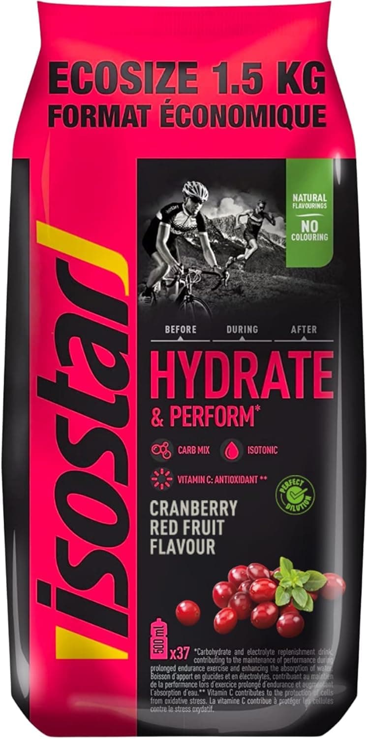 Isostar Poudre Isotonique Cranberry & Fruits Rouges 1,5 kg (37 Doses) - Hydratation Sport Complexe pour Performance Opti
