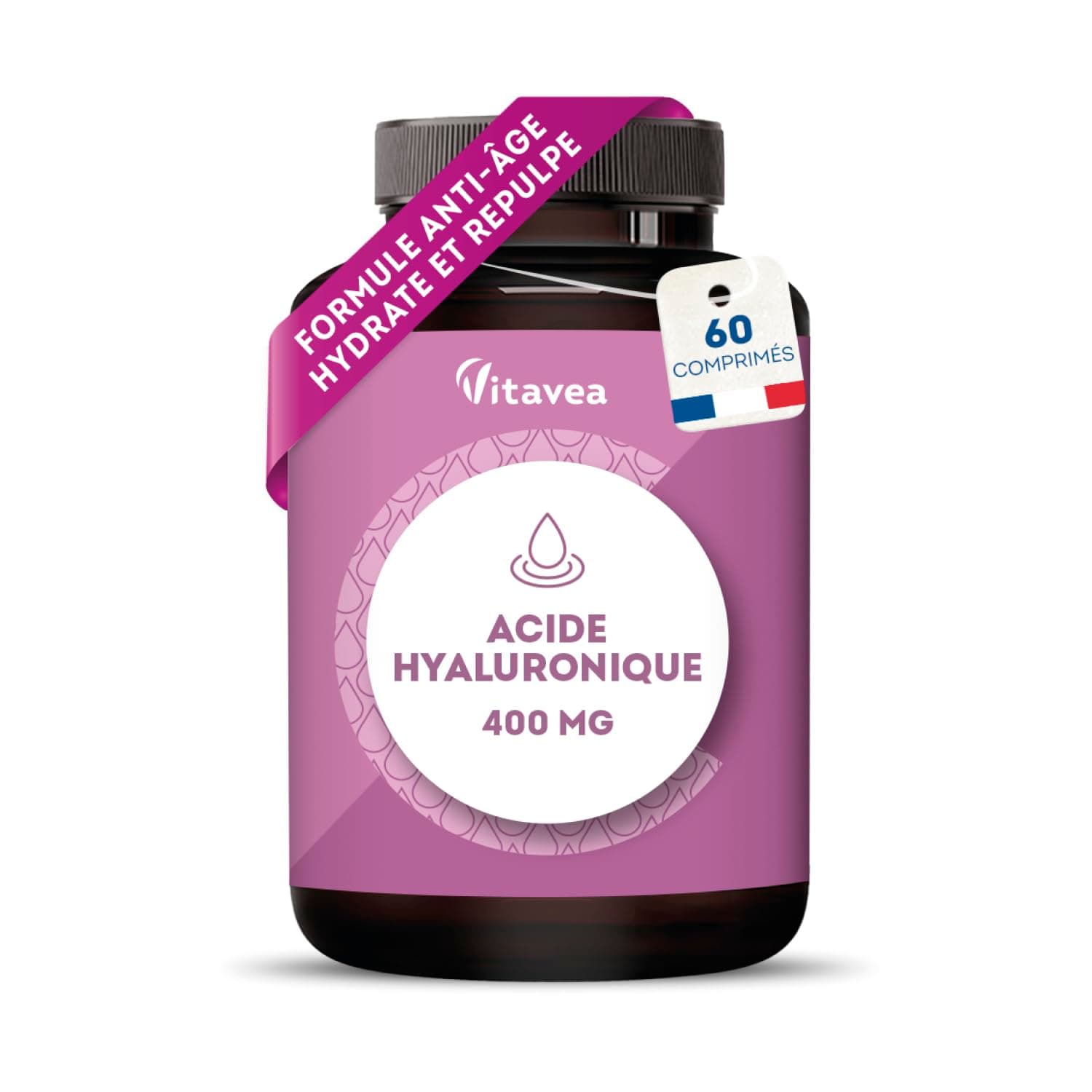 Vitavea Acide Hyaluronique Pur 400 mg Vegan - Anti-Âge & Hydratation Profonde - Formule à Haute Absorption - 60 Comprimé