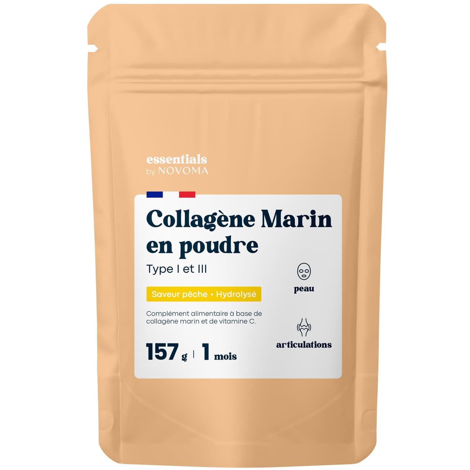 Collagène Marin Essentials by Novoma 157g, Peptides Hydrolysés 2000 DA, Peau Hydratée & Articulations Souples, 5g par jo