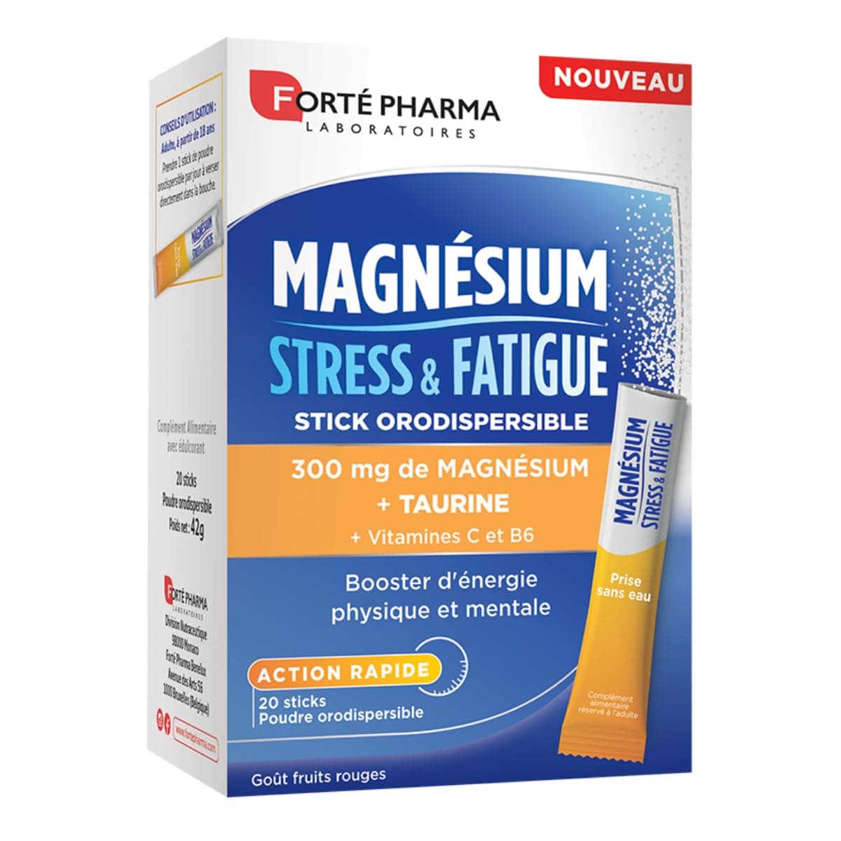 Forté Pharma - Magnésium pour Stress & Fatigue, Sticks à Effet Rapide - Boost Énergie Mentale et Physique, 20 Sticks Ora