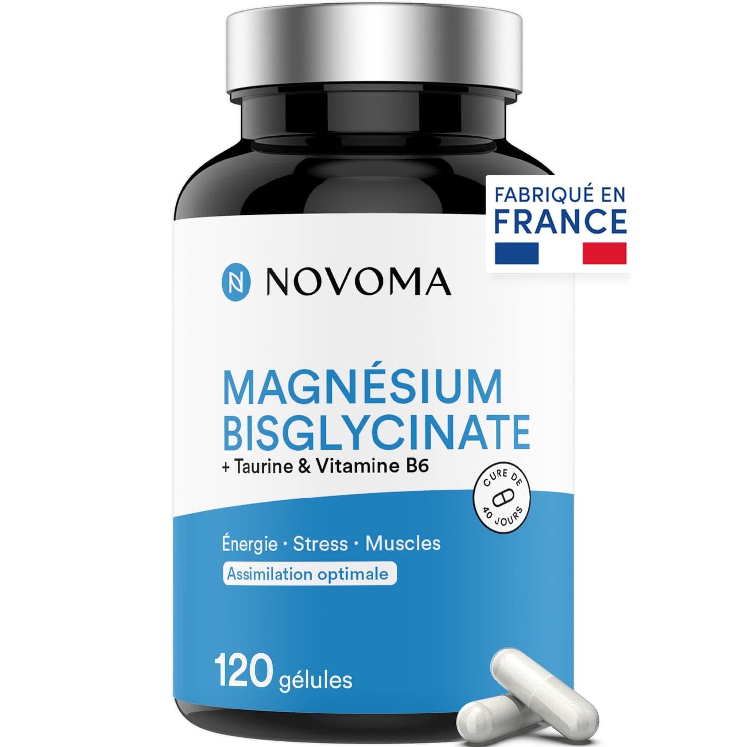 NOVOMA Magnésium Bisglycinate & Taurine & Vitamine B6 - Combат la Fatigue & le Stress - 300mg/j - 120 Gélules - Hautemen