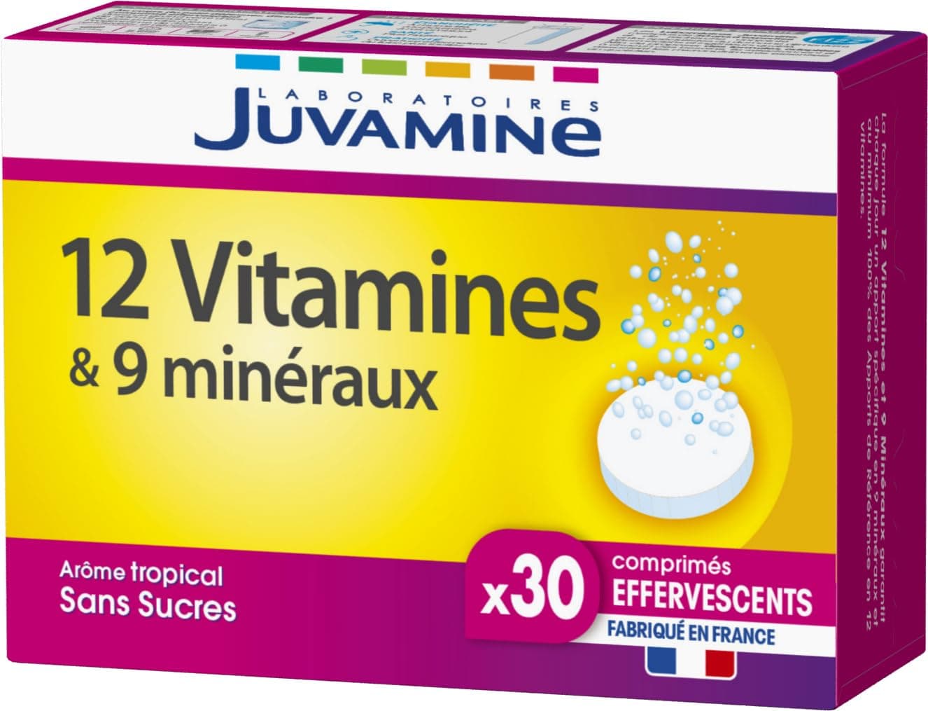JUVAMINE 12 Vitamines & 9 Minéraux Anti-Fatigue & Anti-Stress, Programmes de 30 Jours, Comprimés Effervescents Arôme Tro