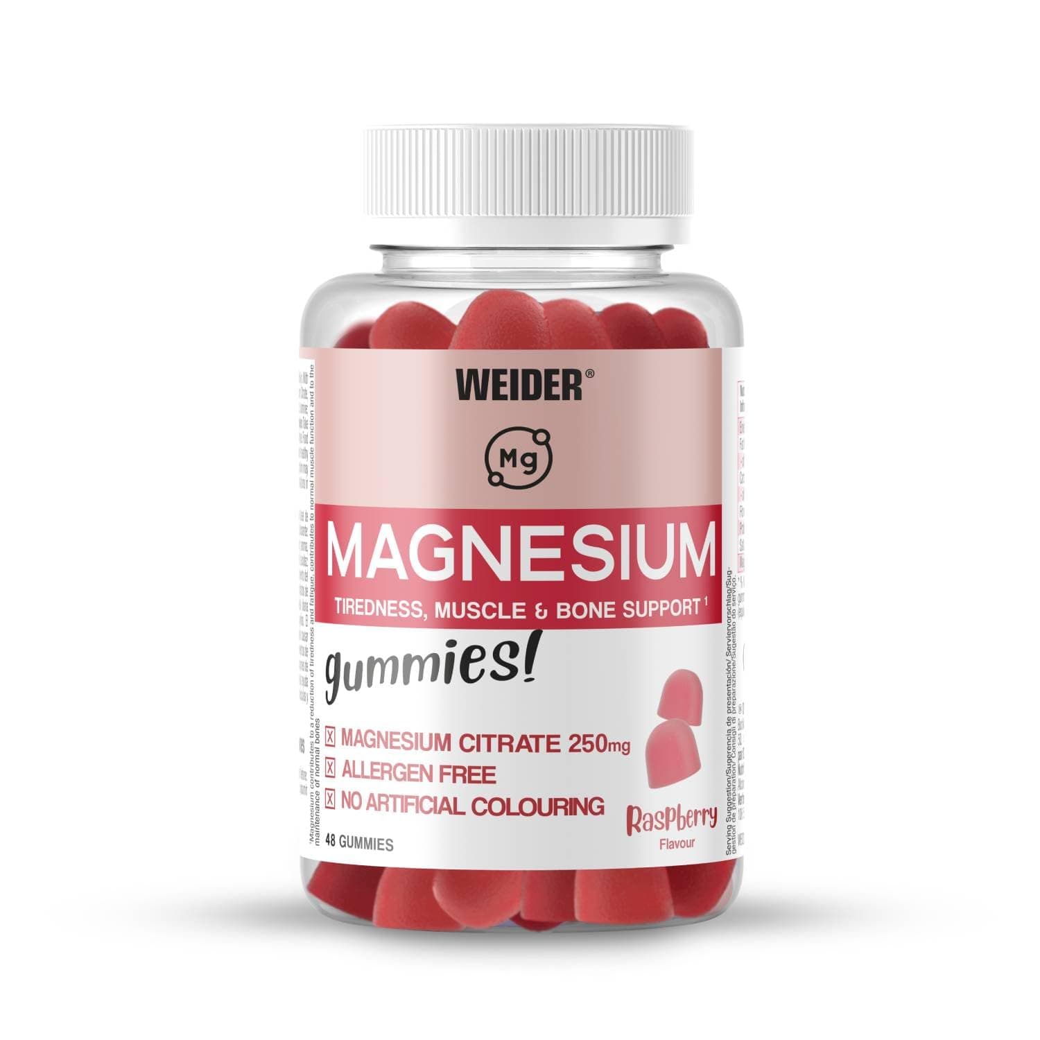 Magnésium gummies Weider goût framboise 250mg par dose sans gluten pour muscles et os - 48 gommes