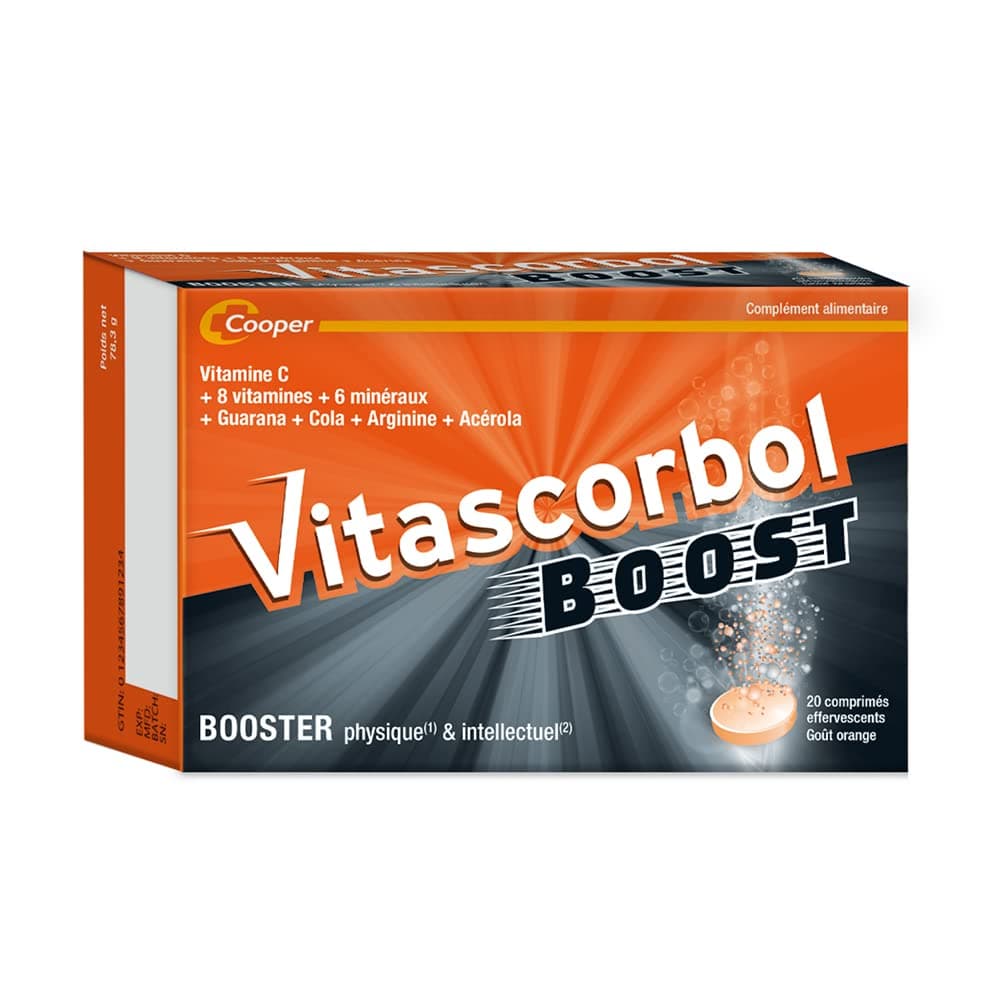 VITASCORBOL Multivitamines Comprimés Effervescents Goût Orange - Boost Physique et Intellectuel - 20 Comprimés