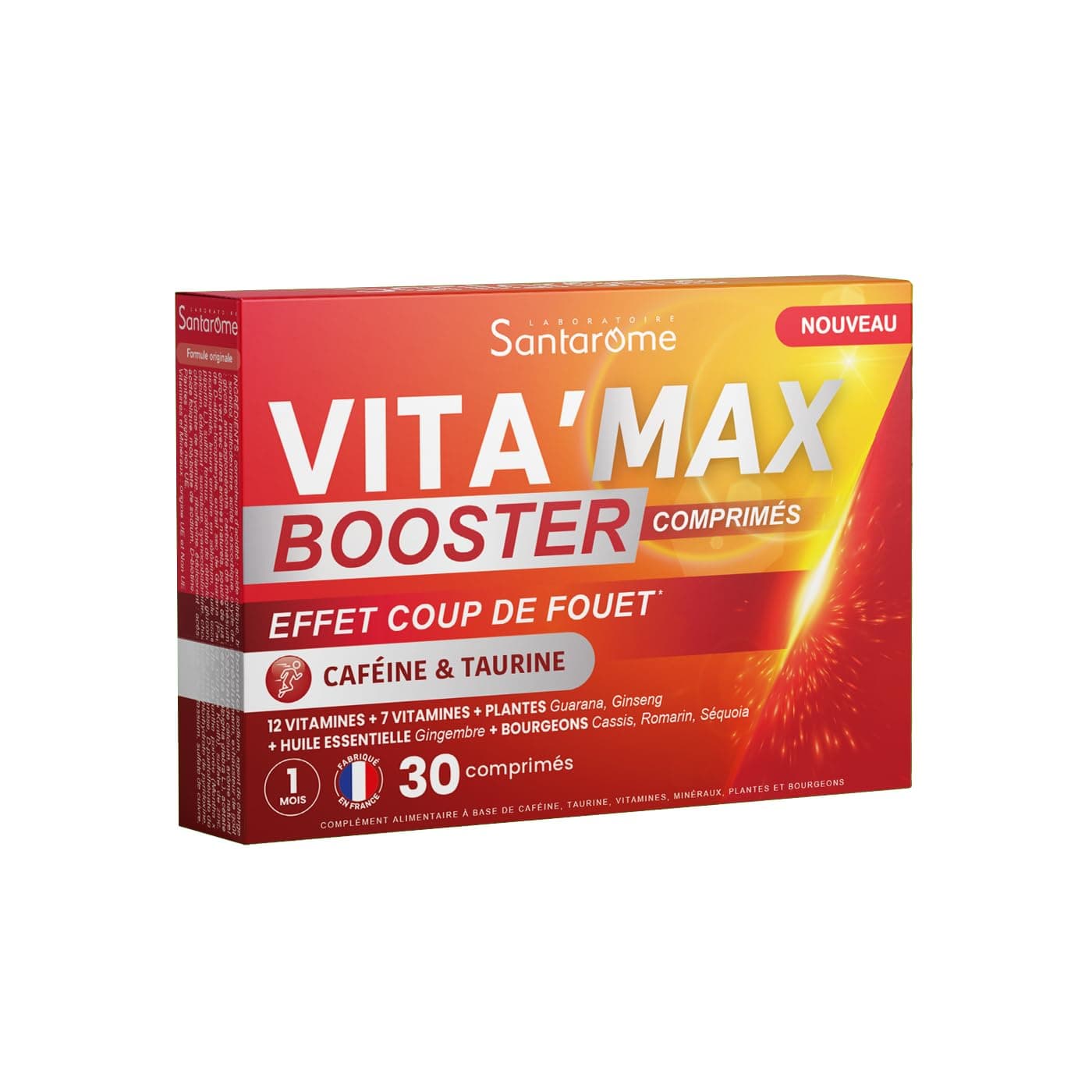 Santarome Vita'max Booster Caféine & Taurine 30 Comprimés Anti Fatigue Énergie Naturelle Sans Sucres Travailleurs Sédent