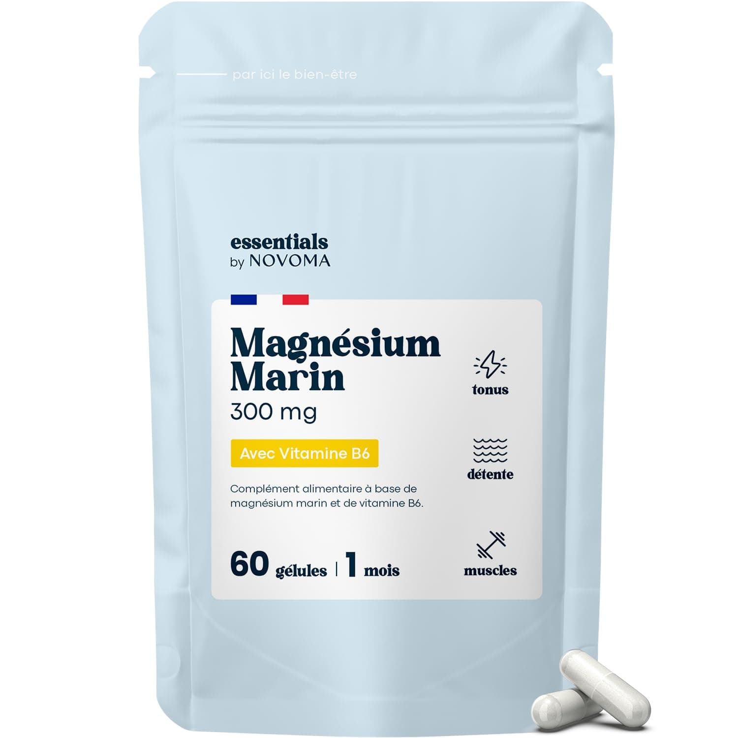 Magnésium Marin + Vitamine B6 : Combattre la Fatigue et le Stress - Cure de 1 Mois (60 Gélules Végétales) - Magnesium Pu