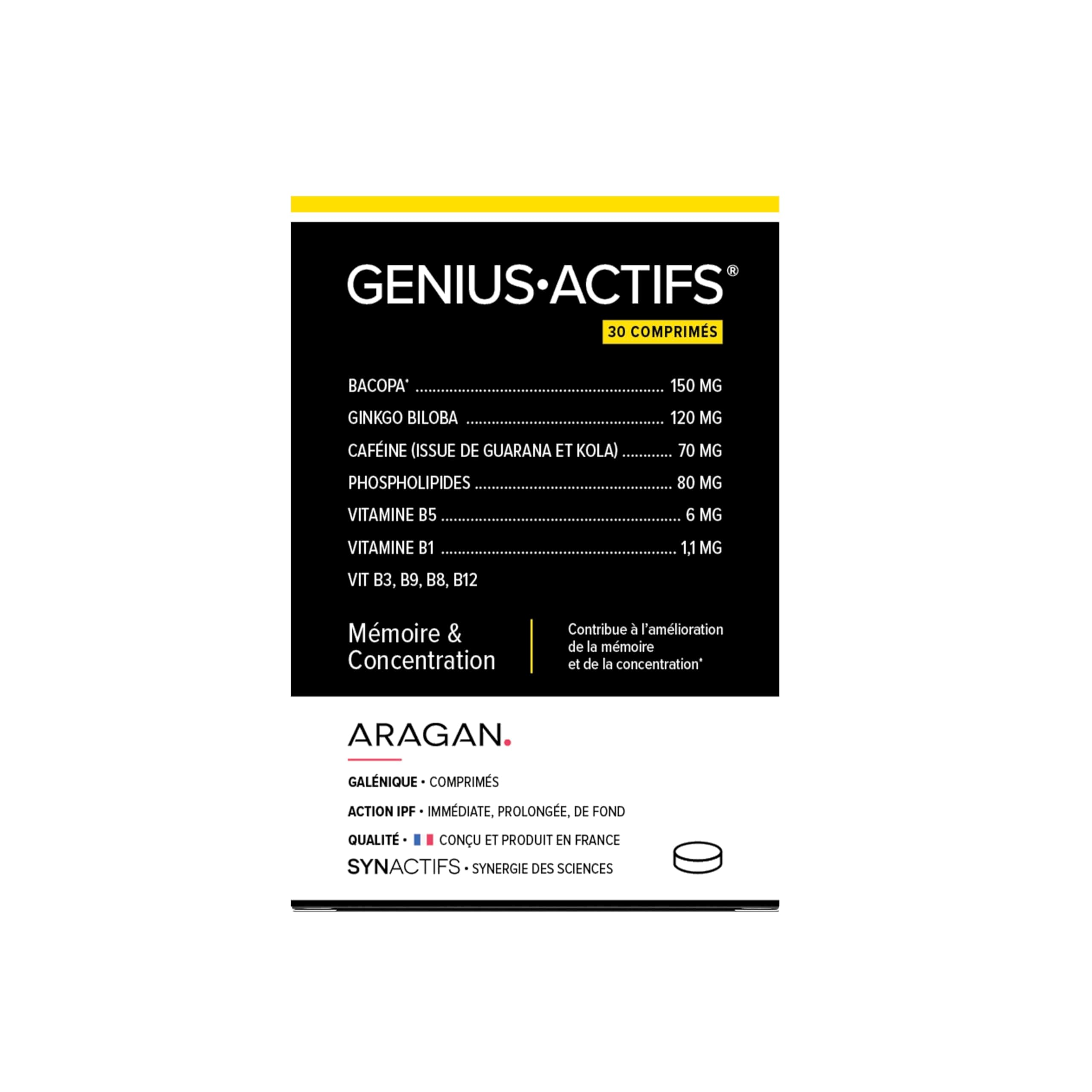 Geniusactifs - Mémoire & Concentration - Ginkgo Biloba, Caféine, Guarana - 15 Jours De Prise - 30 Comprimés - Aragan