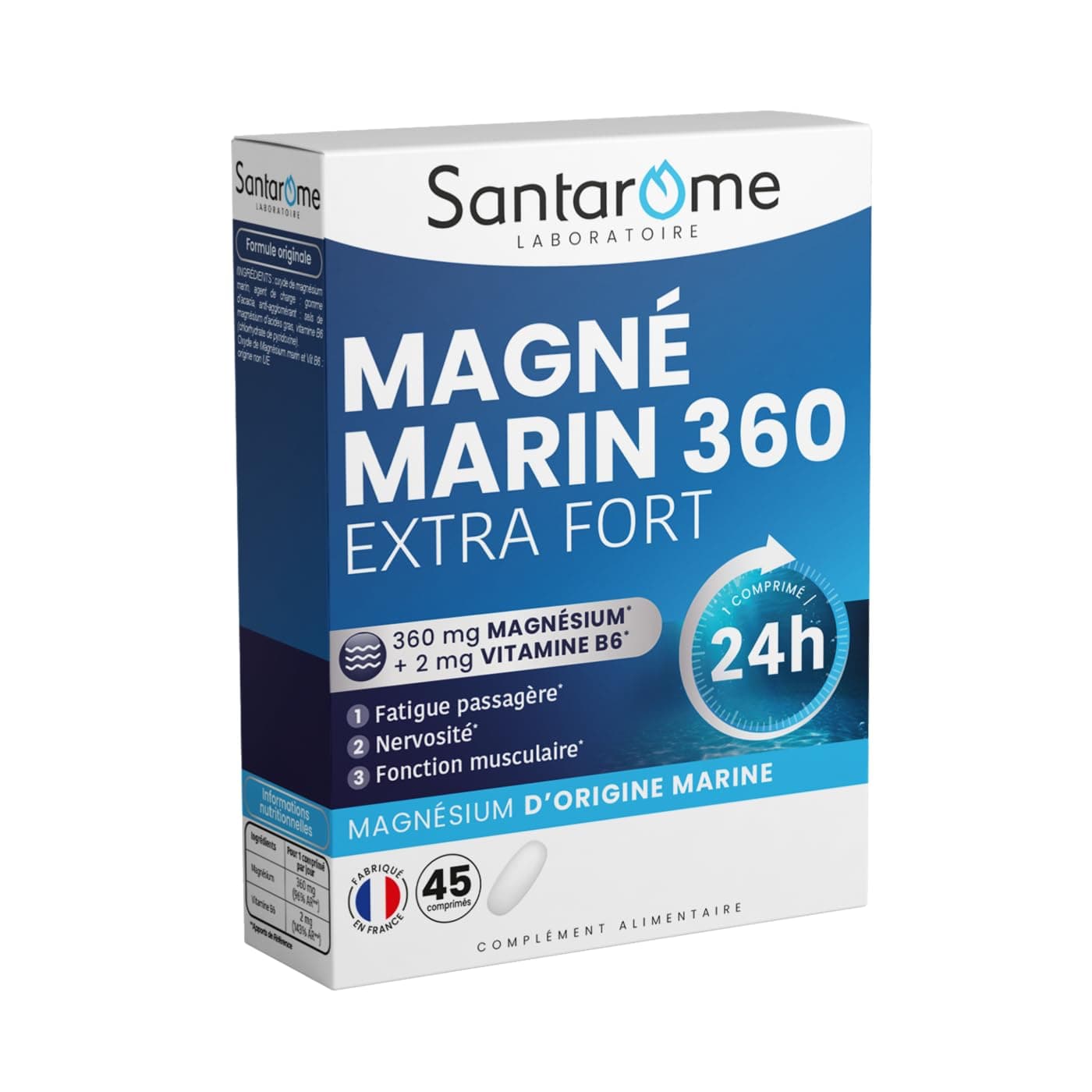 Santarome Magné Marin 360 Extra Fort 45 Comprimés - Comprimes pour Adultes - Sou soulagement - Prandial - Formule renfor
