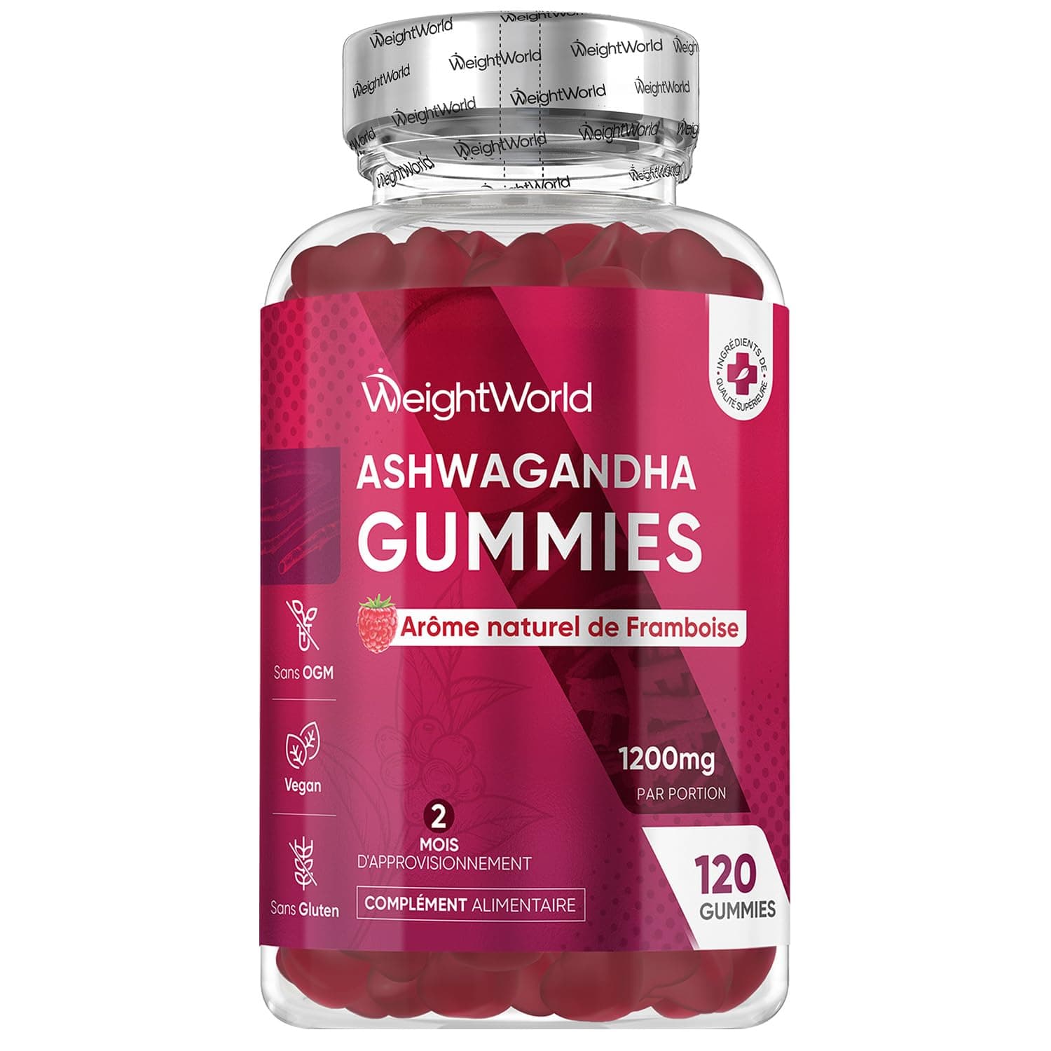 Ashwagandha Gummies Vegan 1200mg, Framboise, Ginseng Indien pour 2 Mois - Bon Alternative aux Gélules