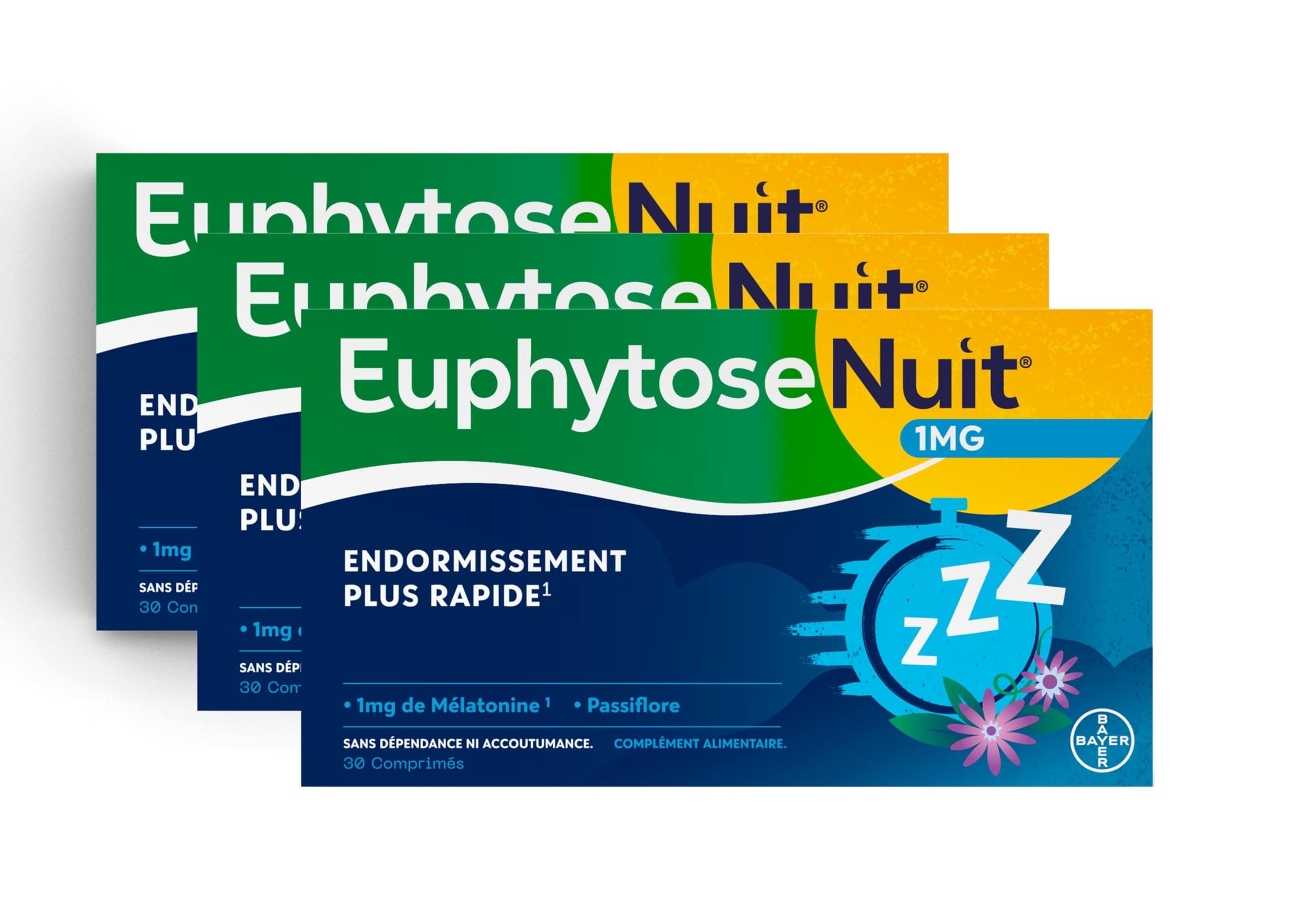 EuphytoseNuit Mélatonine 1mg Complément Alimentaire pour Endormissement Rapide & Sommeil de Qualité - 3 Packs de 30 Comp