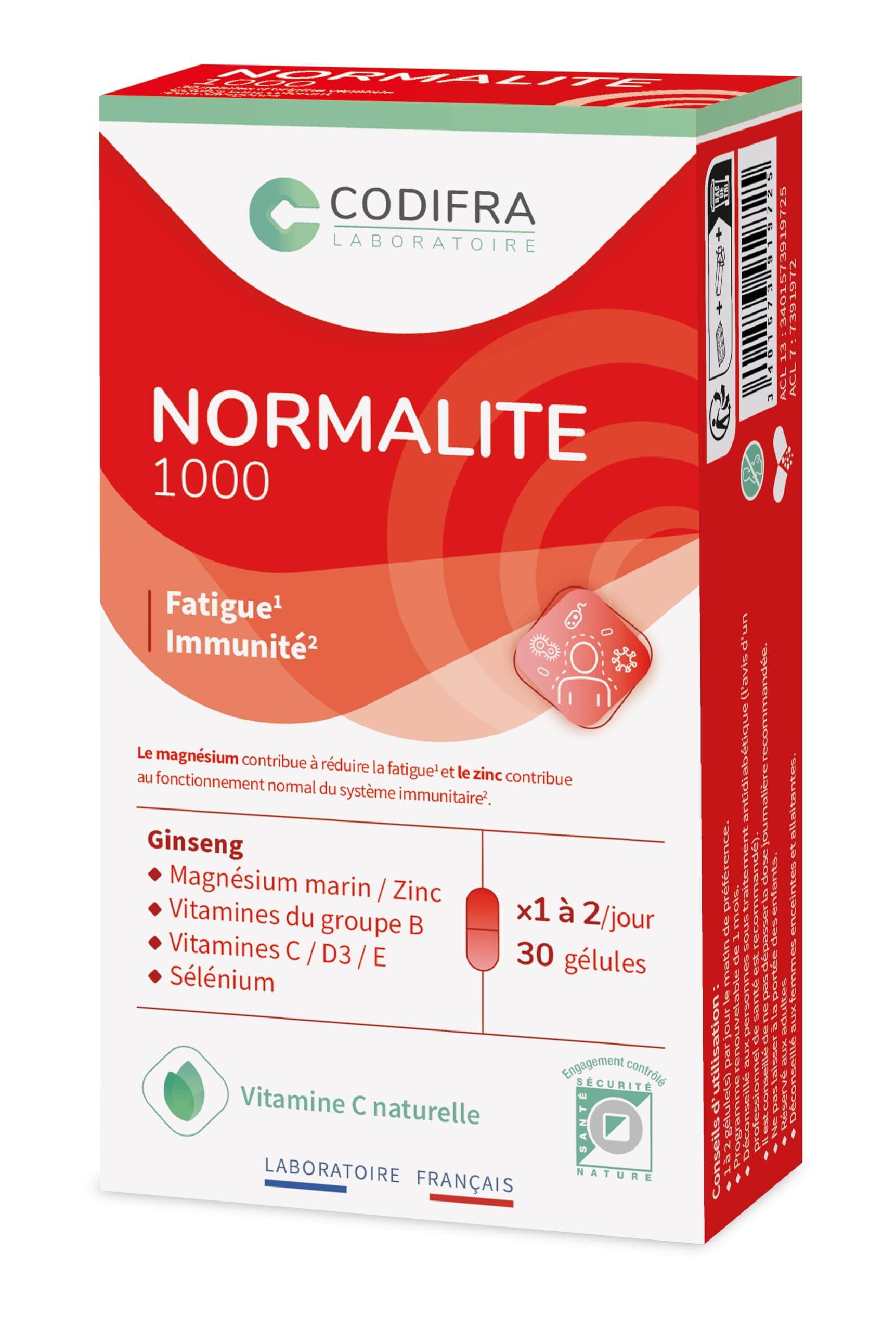 Codifra Normalite 1000 Complément Alimentaire Fatigue Immunité - Boost Naturel Panax Ginseng Magnésium Vitamines - Fabri