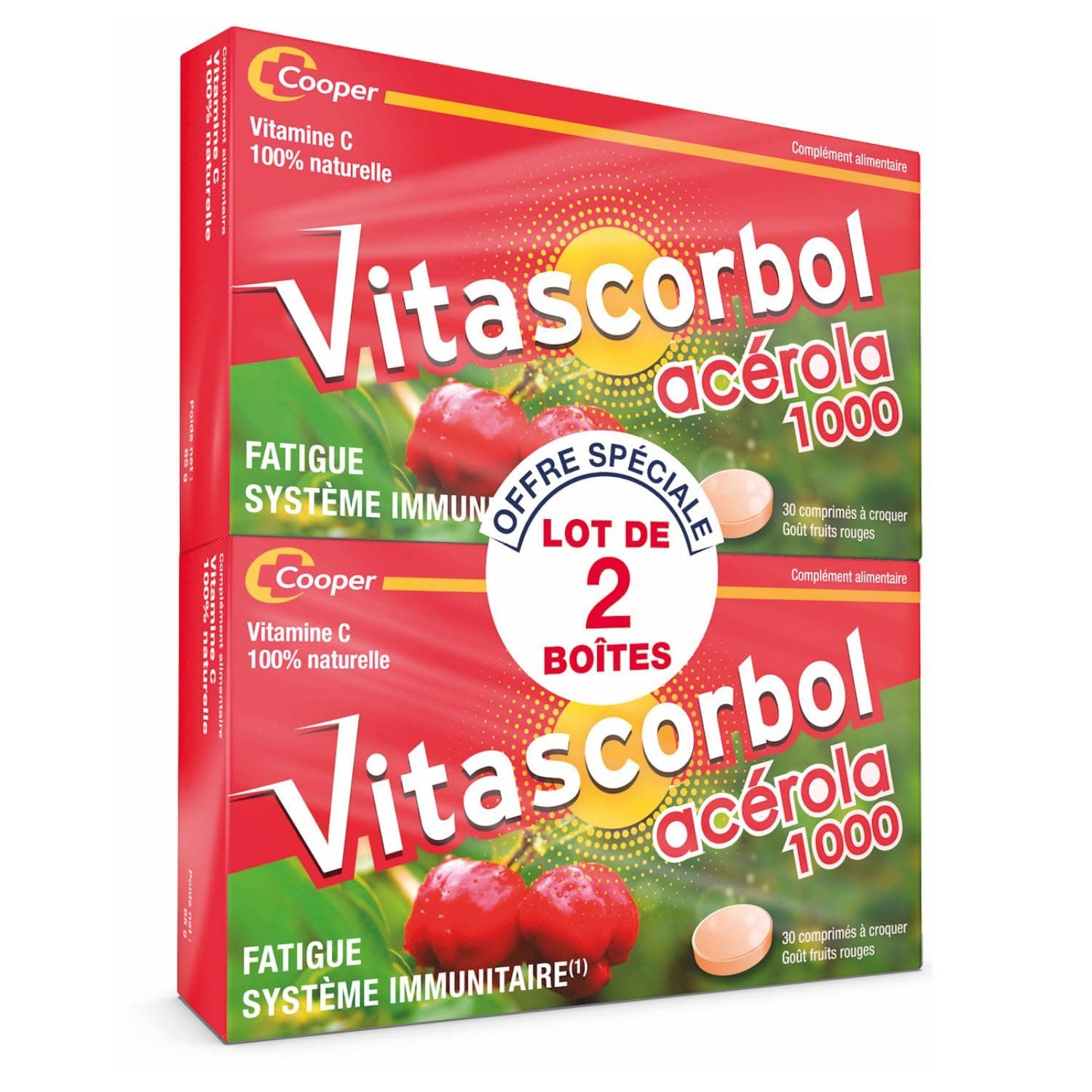 VITASCORBOL Complément Alimentaire Vitamine C Acérola 100% Naturelle Fatigue Immunité Programme 30 Jours 30 Comprimes Lo
