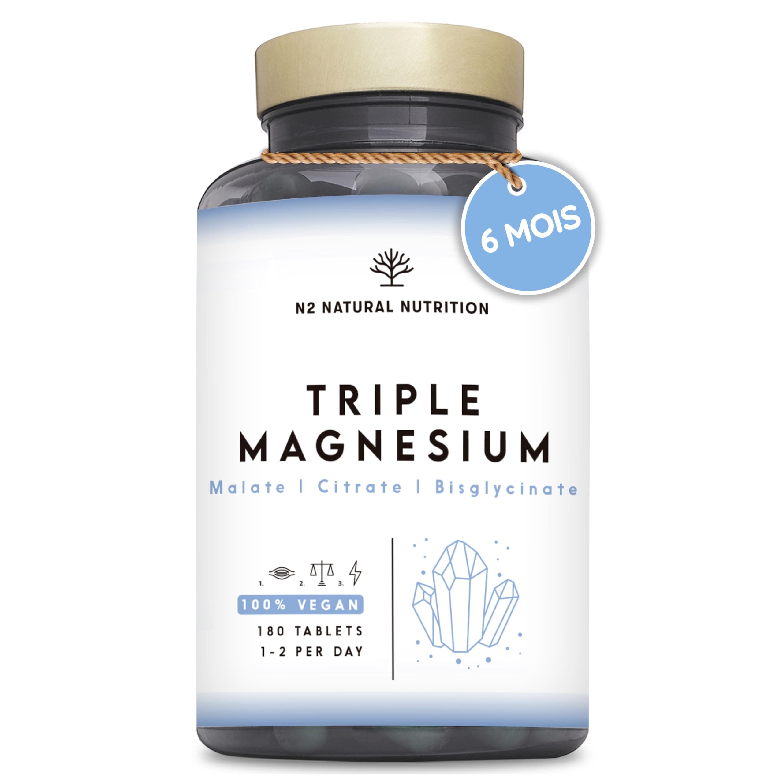 N2 Natural Nutrition Magnésium Trio (Bisglycinate, Citrate, Malate) 220 mg - Anti-Stress & Fatigue, Pour Digestion, Musc