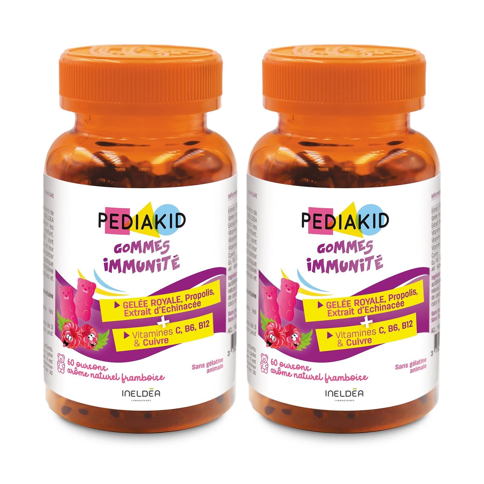 PEDIAKID Gommes Immunité Naturelles Framboise pour Enfants - Soutien du Système Immunitaire - Lot de 2 Piluliers