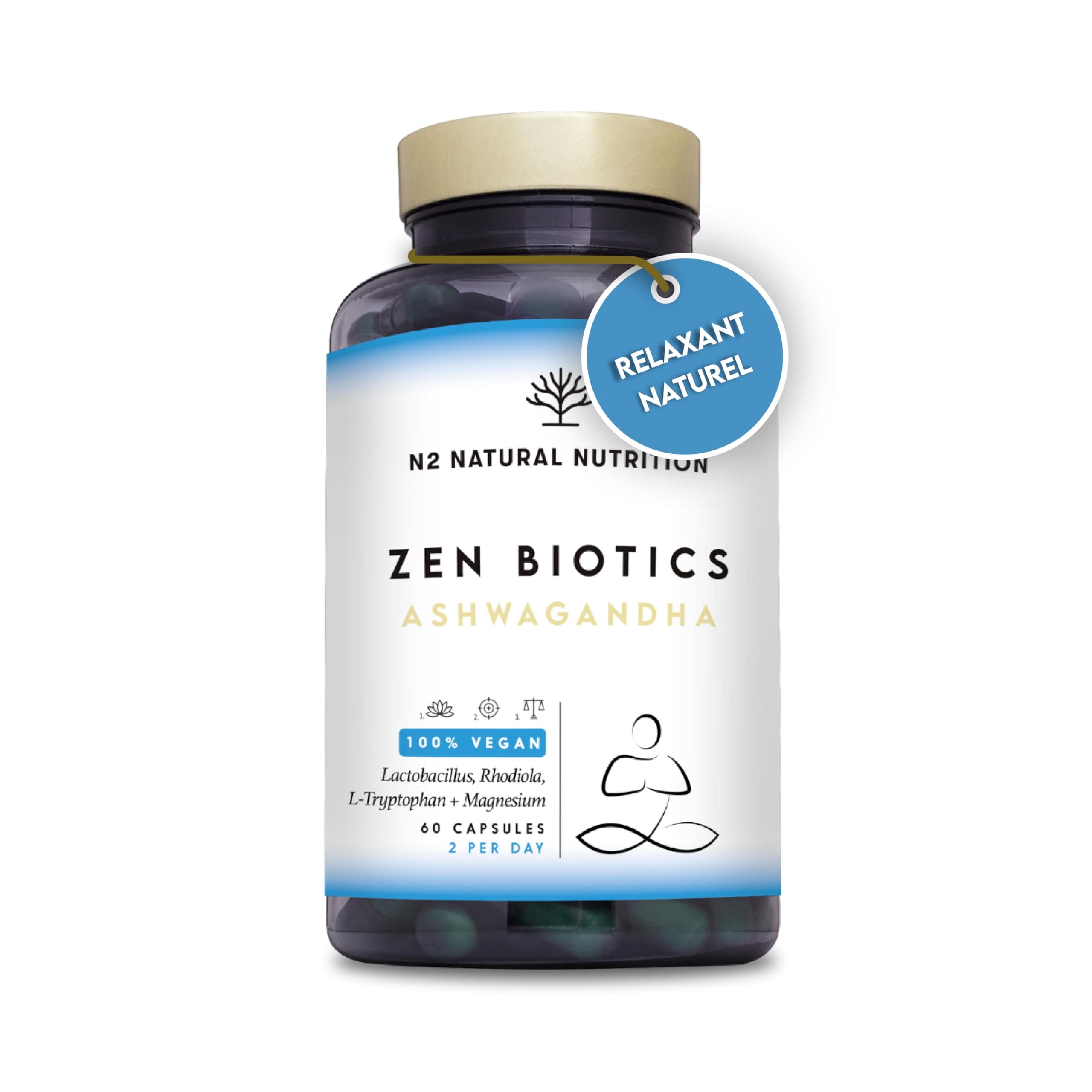 N2 Natural Nutrition Ashwagandha + Magnésium + L-Tryptophane - Formulecontre le Cortisol, le Stress et l'Anxiété - Favor