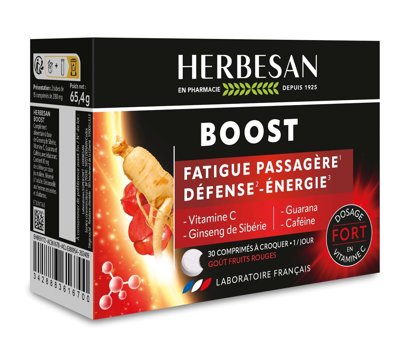 HERBESAN® COMPLEXE BOOST 3 ACTIFS CAFÉINE - Énergétique Fruit Rouges 30 Comprimés à Croquer - Effet Coup de Fouet França
