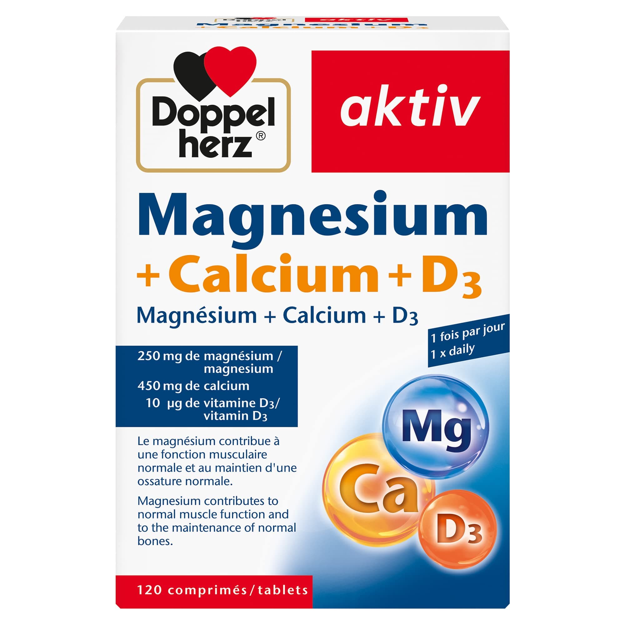 Doppelherz aktiv Magnésium+Calcium+D3, complément alimentaire pour une fonction musculaire et osseuse optimale, 120 comp